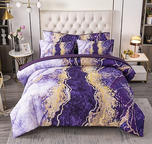 Miniatura 2 de PERFEMET Juego de edredón morado California King, 6 piezas con estampado de mármol colorido con sábanas, acuarela, ilustraciones abstractas, juego