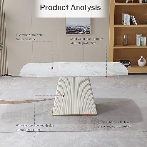 Vista 3 de Montary Mesa de comedor rectangular moderna de 71 pulgadas para 6-8 asientos, mesa de comedor de mármol blanco con mesa de piedra sinterizada y base