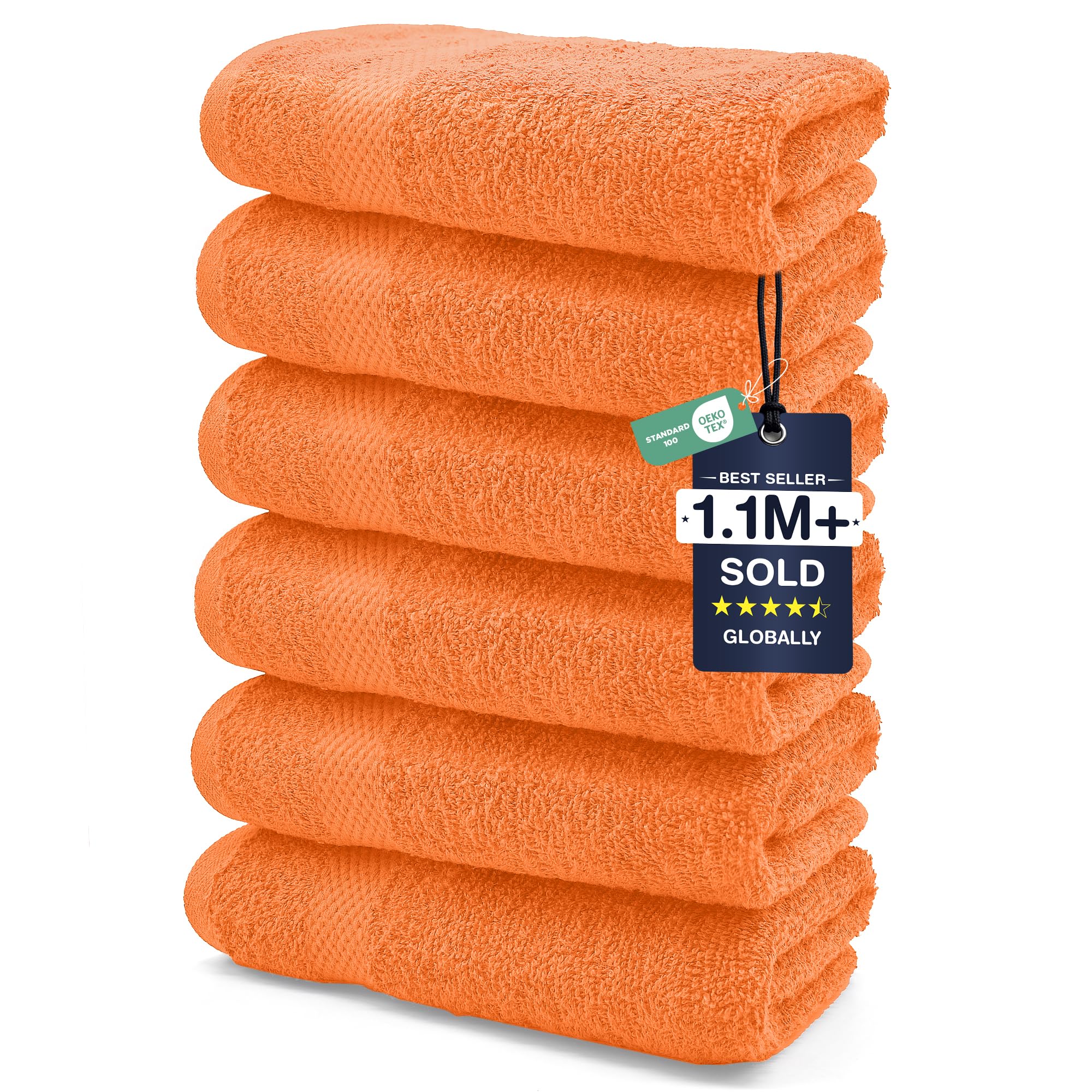 DAN RIVER 6-Pack Premium Hand Towels (16x28 Inches) - 100% Cotton, Ultra Soft, Lightweight, Highly Absorbent Towels for Bathroom, Spa, Gym, Salon, Hotel, and Travel - Orange