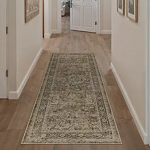 Hallway Runner Rug 2x5 Washable Brown Vintage Distressed Runner Oriental Soft Thin Indoor Carpet Non Slip Low Pile Throw Rug for Kitchen Bedroom Laundry Bedside Entryway