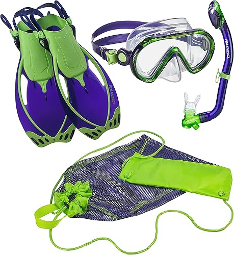 Phantom Aquatics Rapido Boutique Collection Sea Breeze - Juego de esnórquel para niños con aletas Máscara de buceo antivaho para niños y esnórquel
