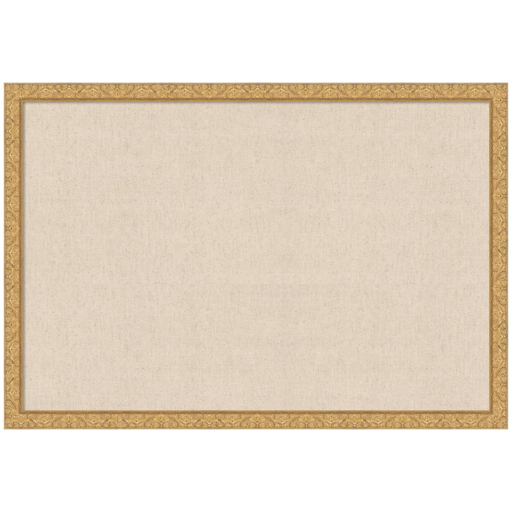 kate and laurel framed fabric pinboard 38 x 26, neutral weave printed linen decorative bulletin board for use as a vision board or wall organization, lila gold frame
