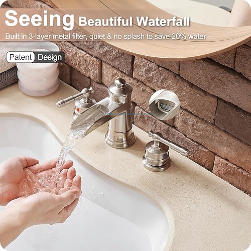 Miniatura 2 de Grifo de baño de 8 pulgadas de níquel cepillado, grifo de cascada de latón para lavabo de baño, 2 asas, grifo de baño con manguera de agua y drenaje