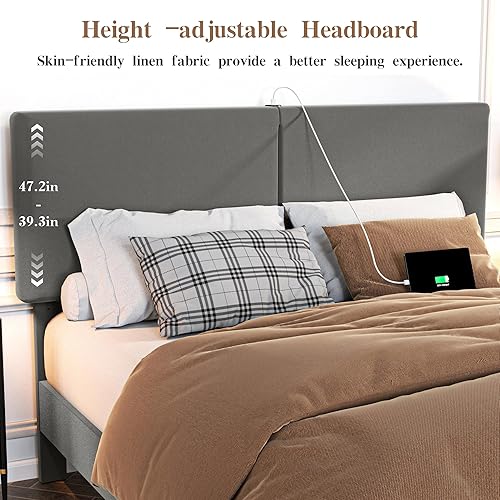 Miniatura 4 de VECELO Base de cama de tamaño matrimonial, plataforma tapizada con cabecera ajustable en altura, soporte de listones de madera, espacio debajo de la