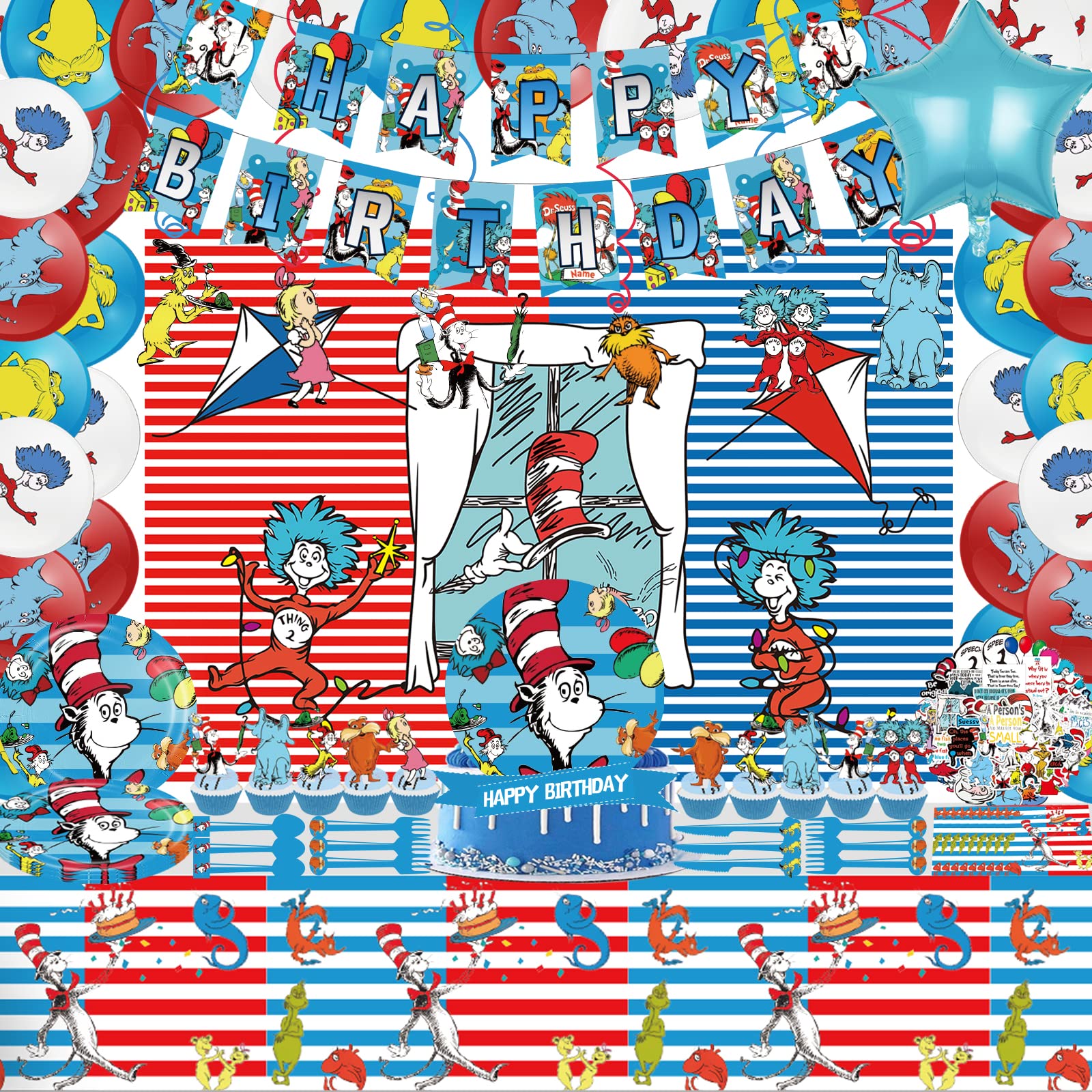 Photo 1 of 182pcs Dr Seuss Decorations for 10 Guests,Cat In The Hat Themed Party Supplies Includes Birthday Banners, Cake Toppers, Cupcake Toppers, Balloons,Stickers and Hanging Swirls ect Blue