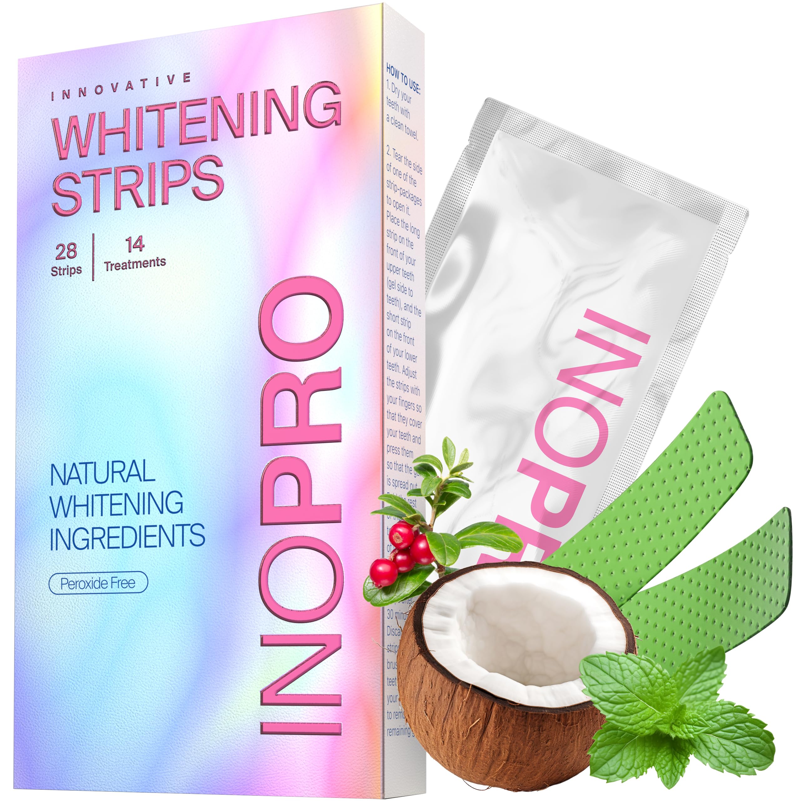 InoPro Teeth Whitening Strips 14 Treatments Kit - Teeth Whitener, Peroxide Free, Enamel Safe Green White Strips, Deep Stains Removal - Instant Teeth Whitening Without The Harm (28 Strips) 28 Count (Pack of 1)