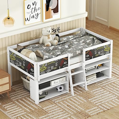 CITYLIGHT Cama baja tipo loft individual con dos estantes móviles y escalera, cama tipo loft junior con barandilla decorativa, cama de madera para