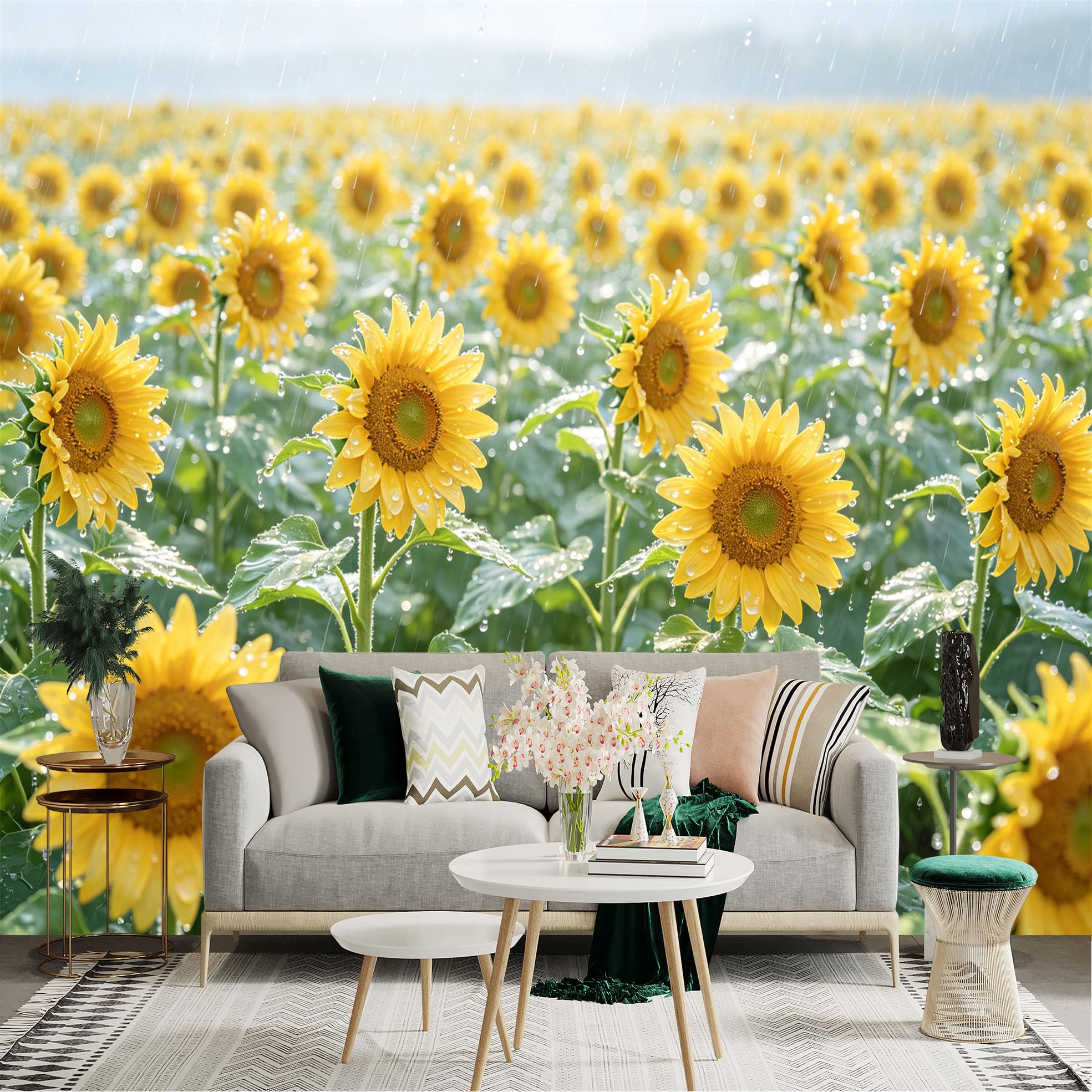 Lnzczhyre Dbh260521514 Custom Size Wall Sticker Mural， Sunflowers Blooming In Summer Rain， Fresh Botanical Field， For Wall Decoration， Peelandstick Wall Decals.