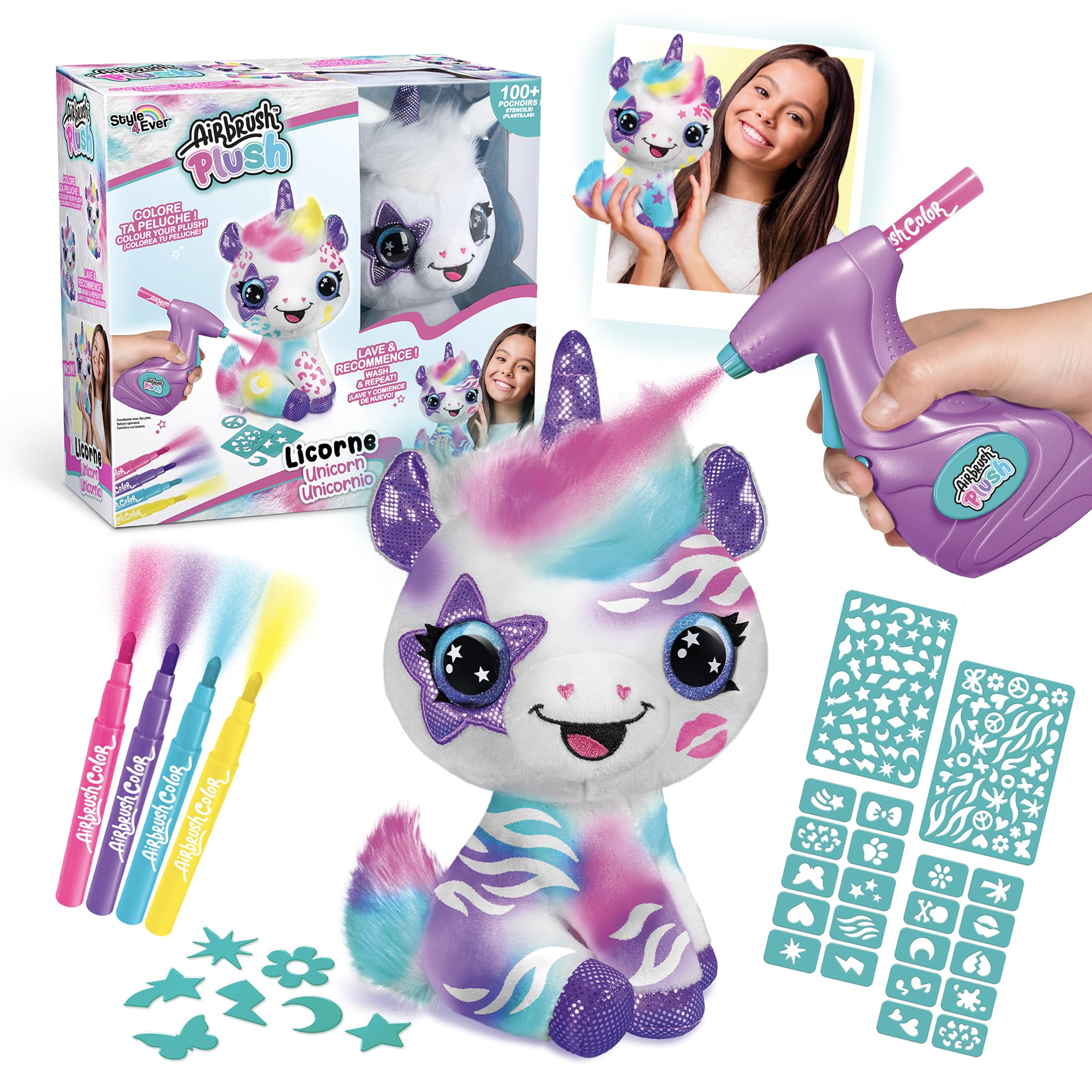 Canal Toys - Airbrush Plush OFG 228- Airbrush your Plush toy, bemalen Sie Ihr eigenes Plüschtier mit elektrischer Airbrush-Spritzpistole, Markern und Schablonen, 1 Einhorn-Plüsch, weiß