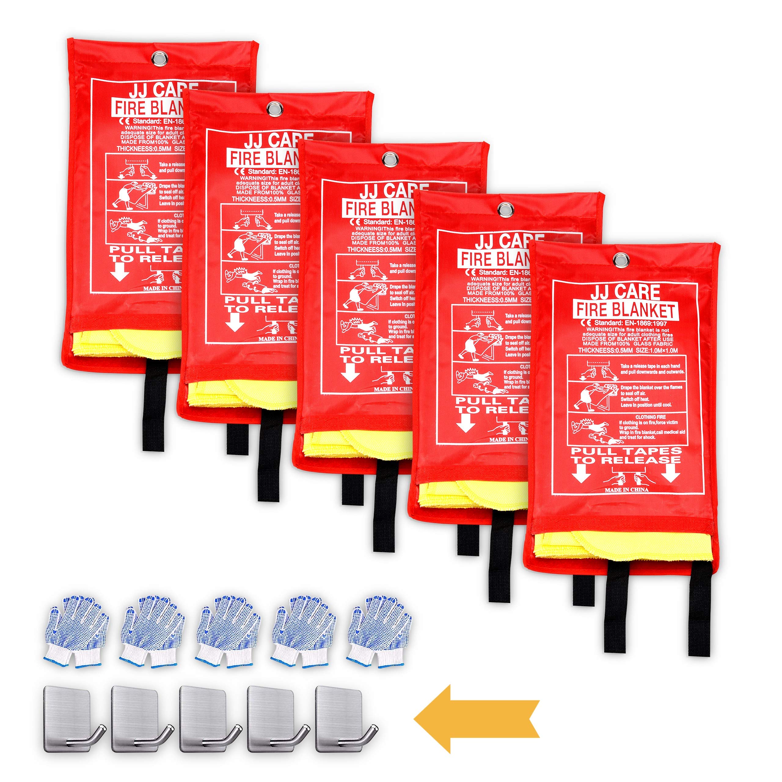 JJ CARE Upgraded Fire Blanket for Home 40"x40" + 5 Hooks & 5 Gloves, Fire Suppression Blanket, Emergency Fire Blanket for People, Fire Blanket Kitchen, Emergency Use - Yellow