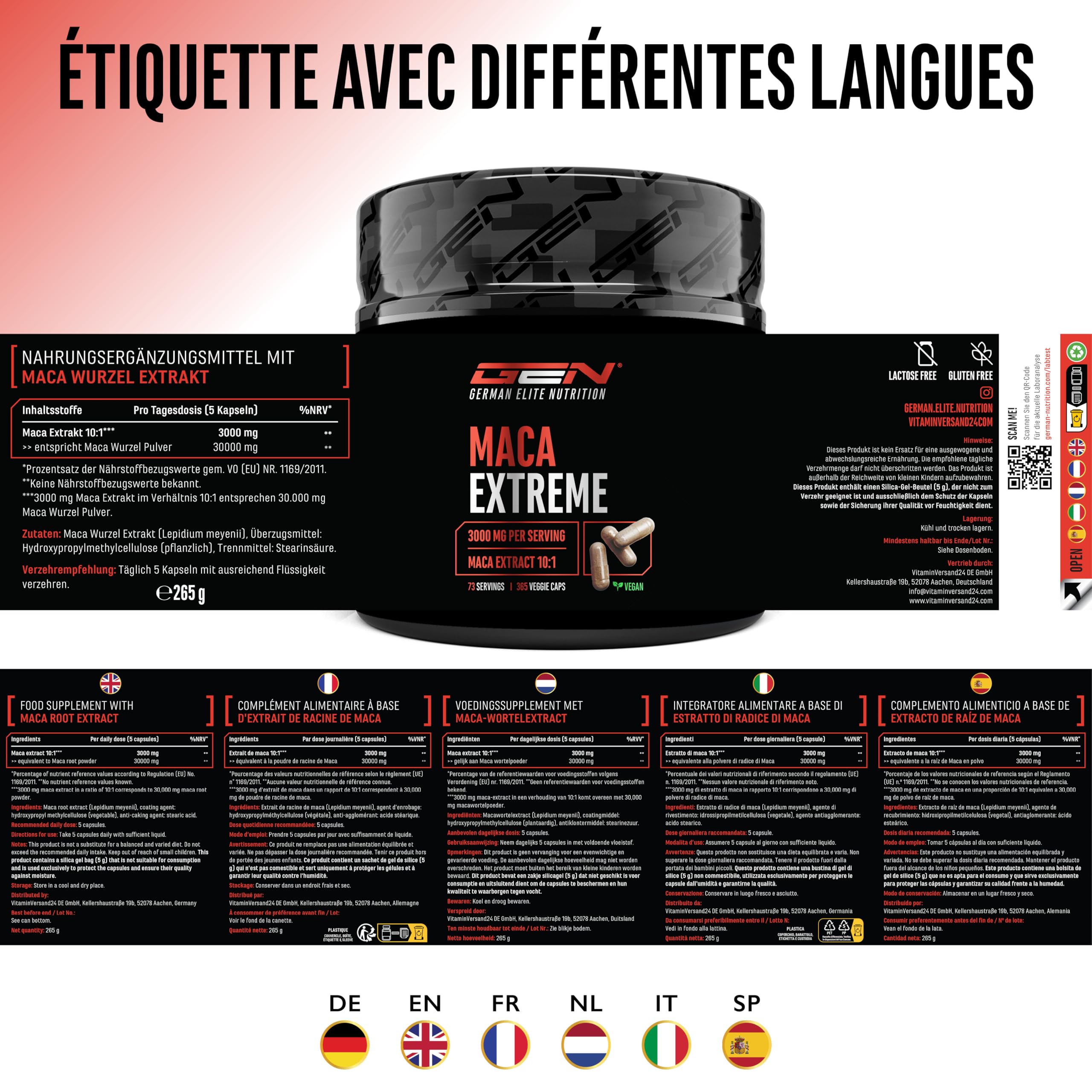 capsules de Maca Extrême - 365 capsules - Haute Dose avec 30.000mg par Portion Journalière - Extrait Spécial 10:1 - Vegan - German Elite Nutrition