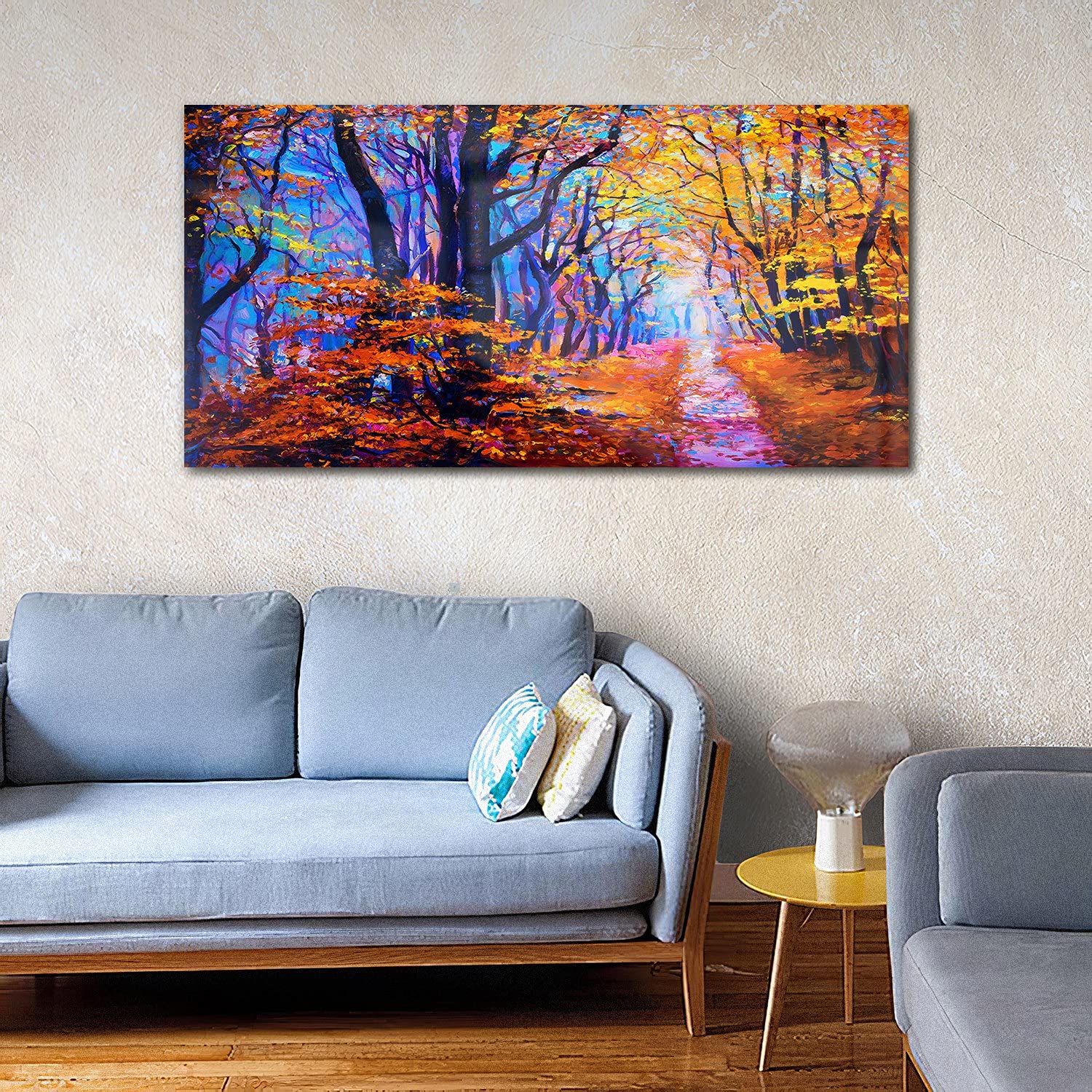 Coloray Pintura acrílica Cuadro De Pared 140x70cm Vidrio Acrílico Arte Sala De Estar Mural - Árboles del bosque de otoño