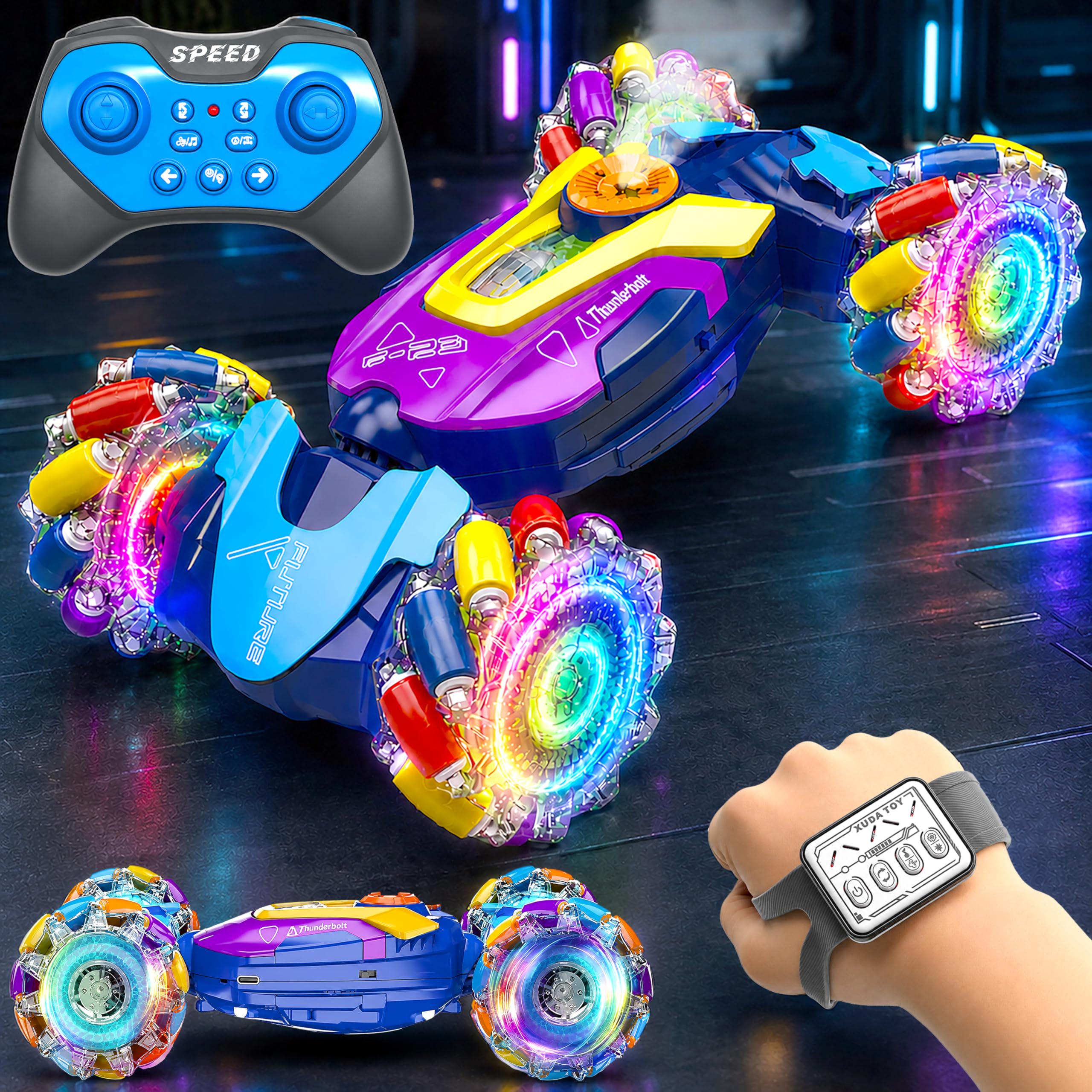 VGRASSP 4WD Dual Control Torsion Stunt Drift Mist Car Toy for Kids with Lights and Music - 360° Rotating Double Sided RC Smoke Car with 2.4GHz Remote Control and Gesture Wrist Controller - Multicolor-image-18