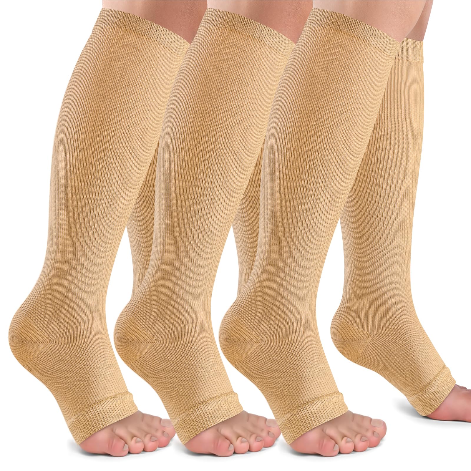 Open Toe Compression Socks Women & Men-3 Pairs 20-30 mmHg Knee High Stockings for Circulation Support
