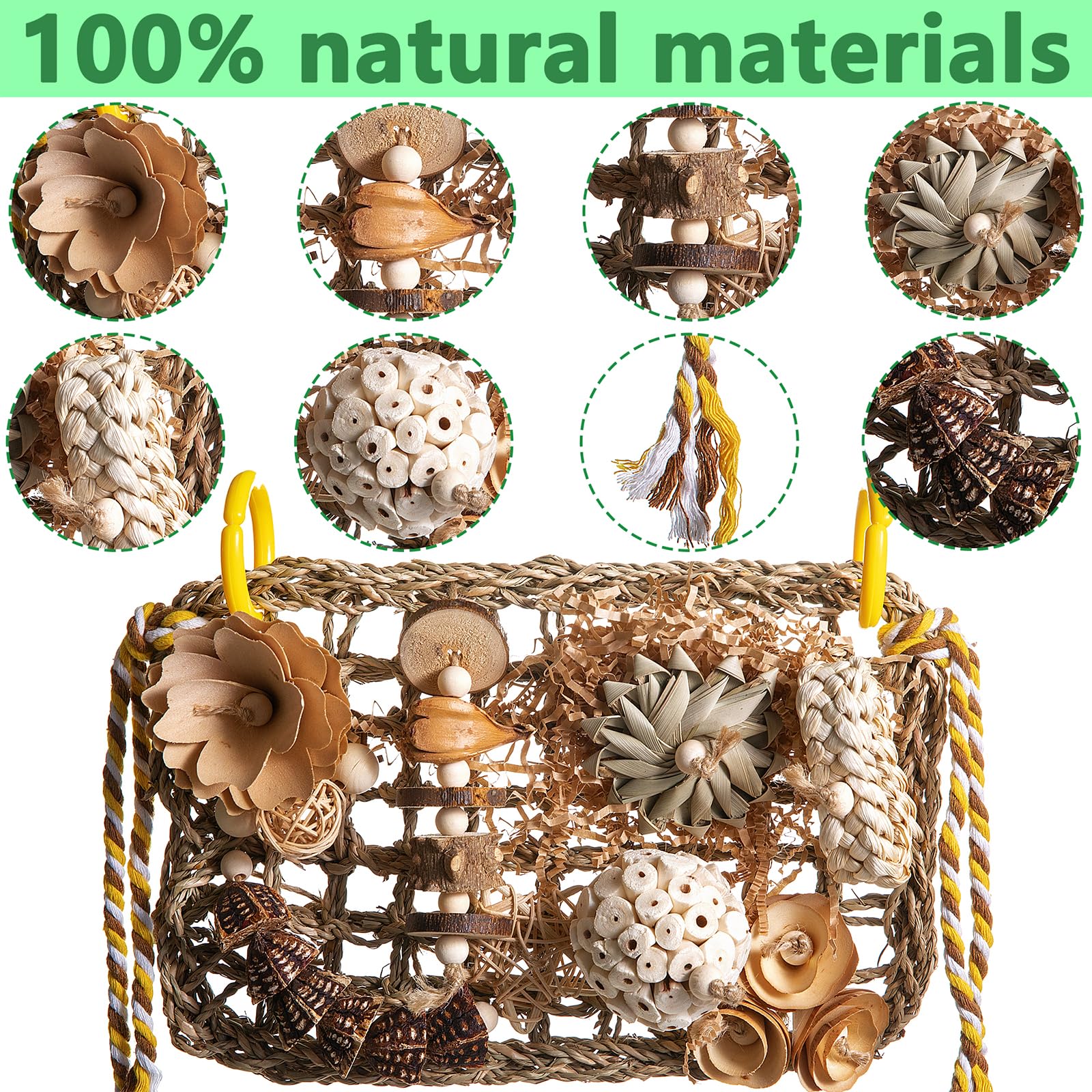 Bird Foraging Wall Toy, Seagrass Woven Climbing Hammock Mat with Chewing Toys,Parrot Shredding Hanging Toys for Cockatiel Lovebird Parakeet Budgie Small-Medium Birds (Large) - image 3