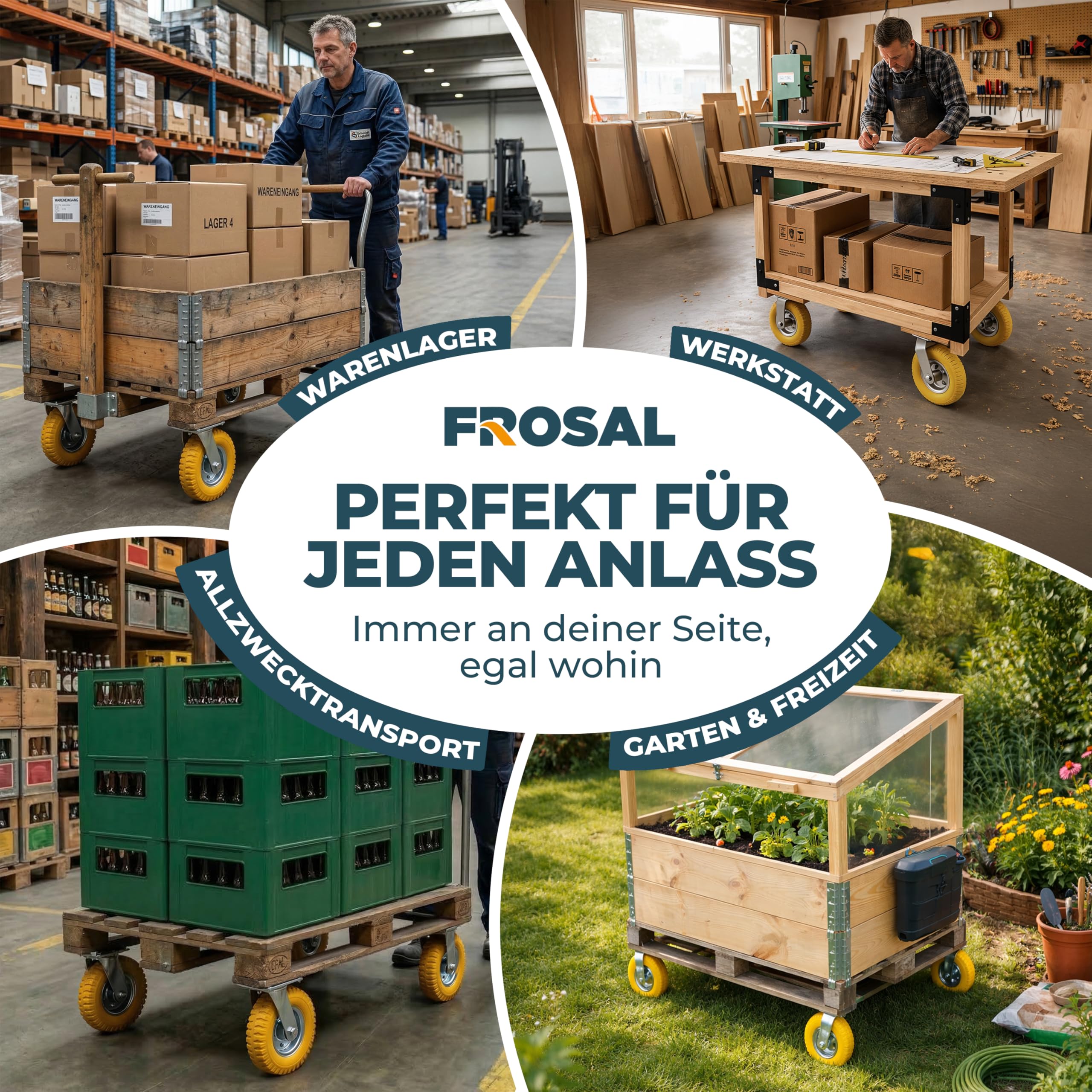 FROSAL 4-teiliges Rollen-Set 8 Zoll 2.50-4 – 2 Bockrollen und 2 Lenkrollen – pannensichere PU-Räder Ø 210 mm mit Stahlfelge – bis 120 kg – für Transportwagen