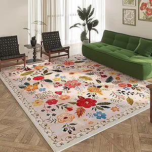 Area Rugs 8x10 Rug for Living Room Clearance Washable Boho Area Rug Non Slip Floral Vintage Low Pile Large Rug for Living Room, Bedroom, Farmhouse, Dining Room, Kids Playroom(Beige)