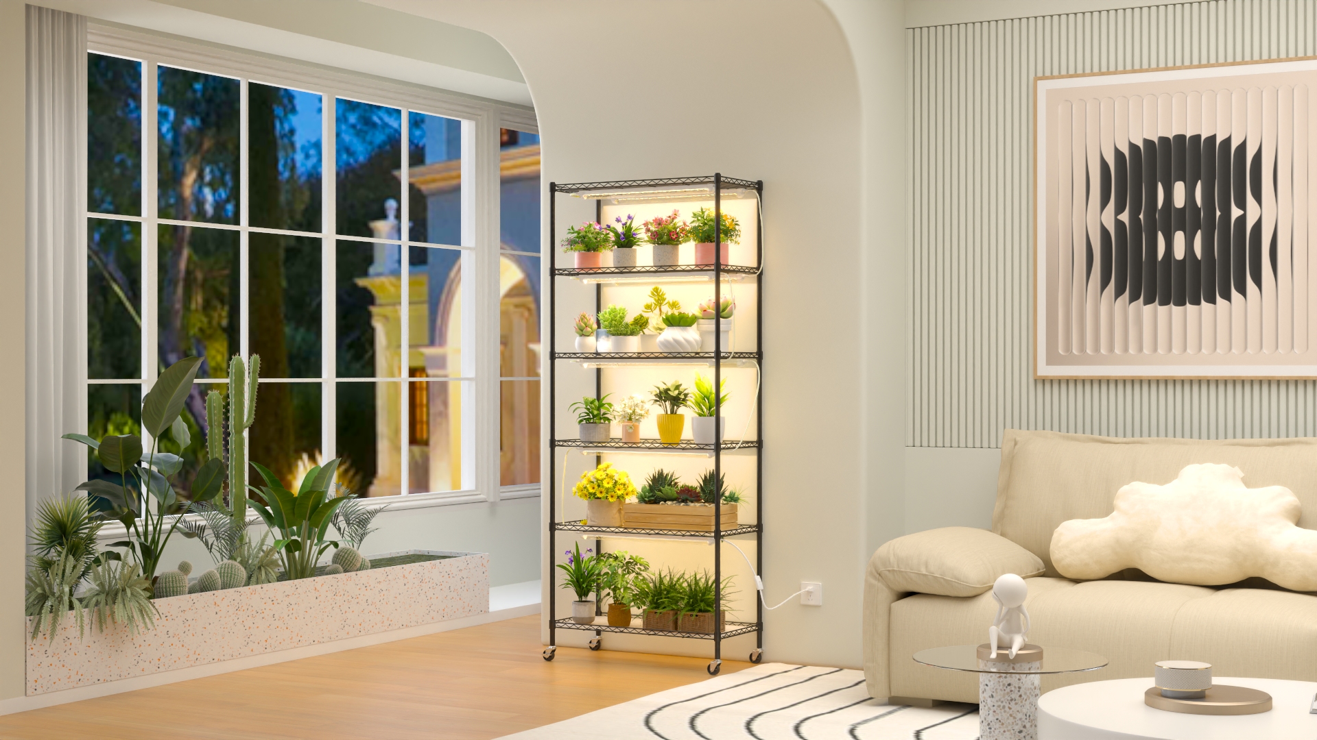 Image of Plant Shelf with Grow Light, DIY 6-Tier Plant Stand with Grow Light, Adjustable Rack and Wheels, 8 Pack 24 inch 192W T8 Full Spectrum Grow Lamp for Indoor Plants, Seed Starting, Vegetable, 29 inchx13.5 inchx73.5 inch