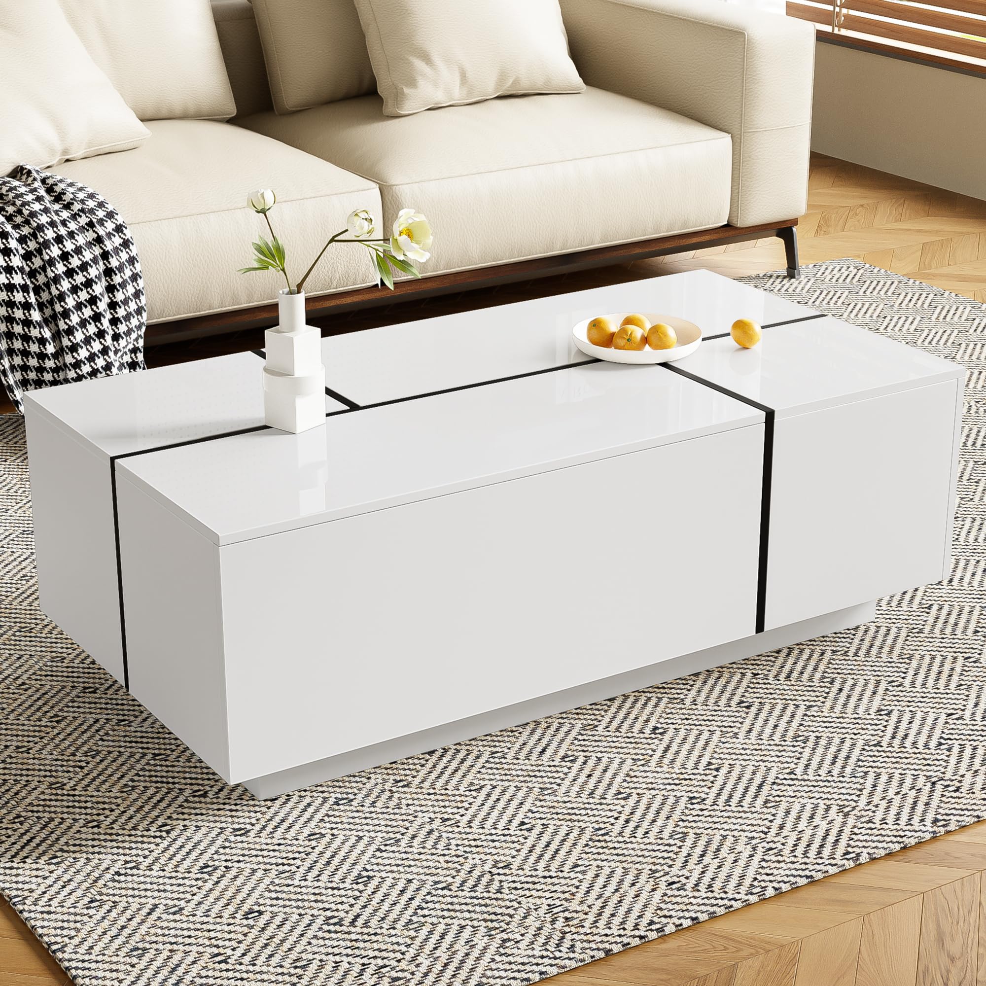 LUMISOL Extendable Coffee Table with 2 Drawers, High Gloss Coffee Table with 2 Hidden Storage Space, Modern Center Table for Living Room, White