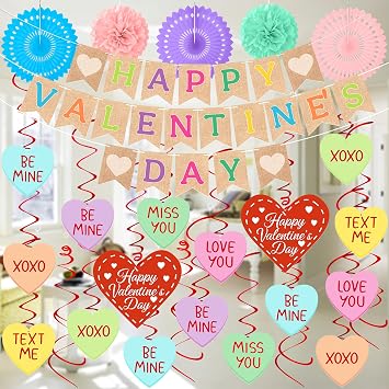 32PCS Valentines Day Decorations Happy Valentine s Day Banners Hanging Swirls Paper Fans Pom Pom Conversation Hearts Party Decor Classroom Office Supplies