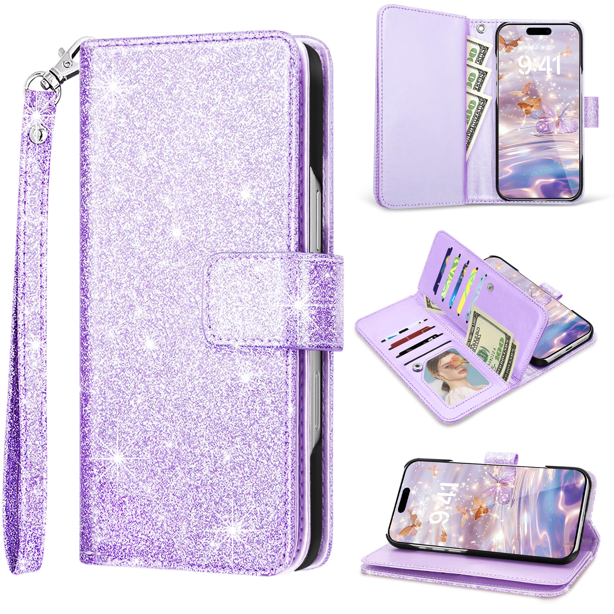 Fingic for iPhone 16 Plus Case, Phone 16 Plus Wallet Case,Glitter Sparkly Shiny Cover 9 Card Holders PU Leather with Stand Wrist Strap Full Body