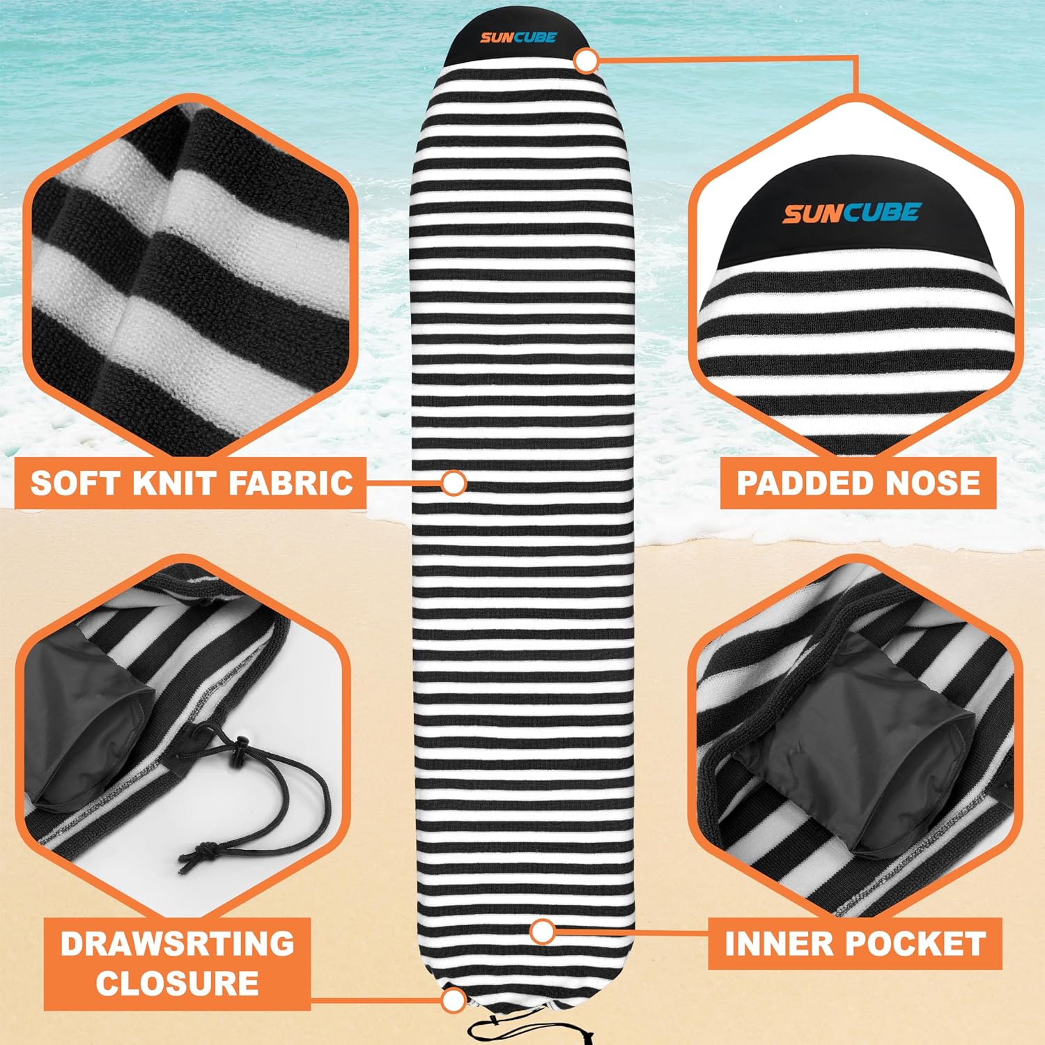 SUN CUBE Surfboard Sock Cover, Surf Bag for Surfing Board, Protective Stretchy Surf Bag Sock Sleeve for Longboard, Hybrid, Shortboard