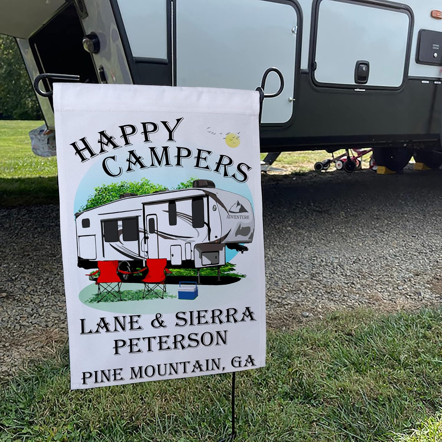 Happy Campers Personalized Camping Flag with White 5th Wheel Trailer and 3 Lines of Custom Text, Printed on White Fabric