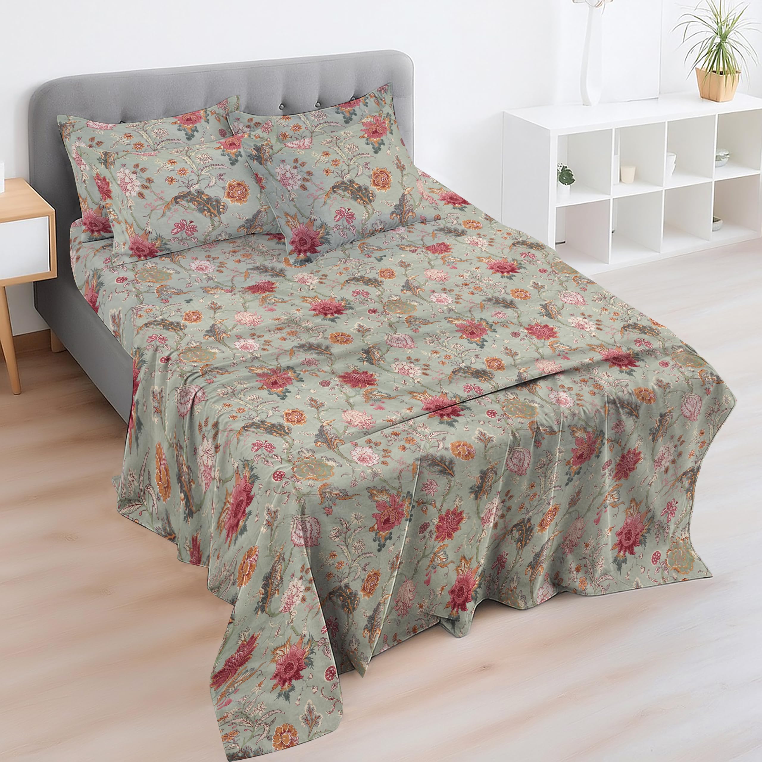 EverSoft 4PC King Bed Sheet Set | 100% Egyptian Cotton 400TC | Deep 30cm Fitted & Flat Sheet + 2 Pillowcases | Soft Floral Print Luxury Bedding