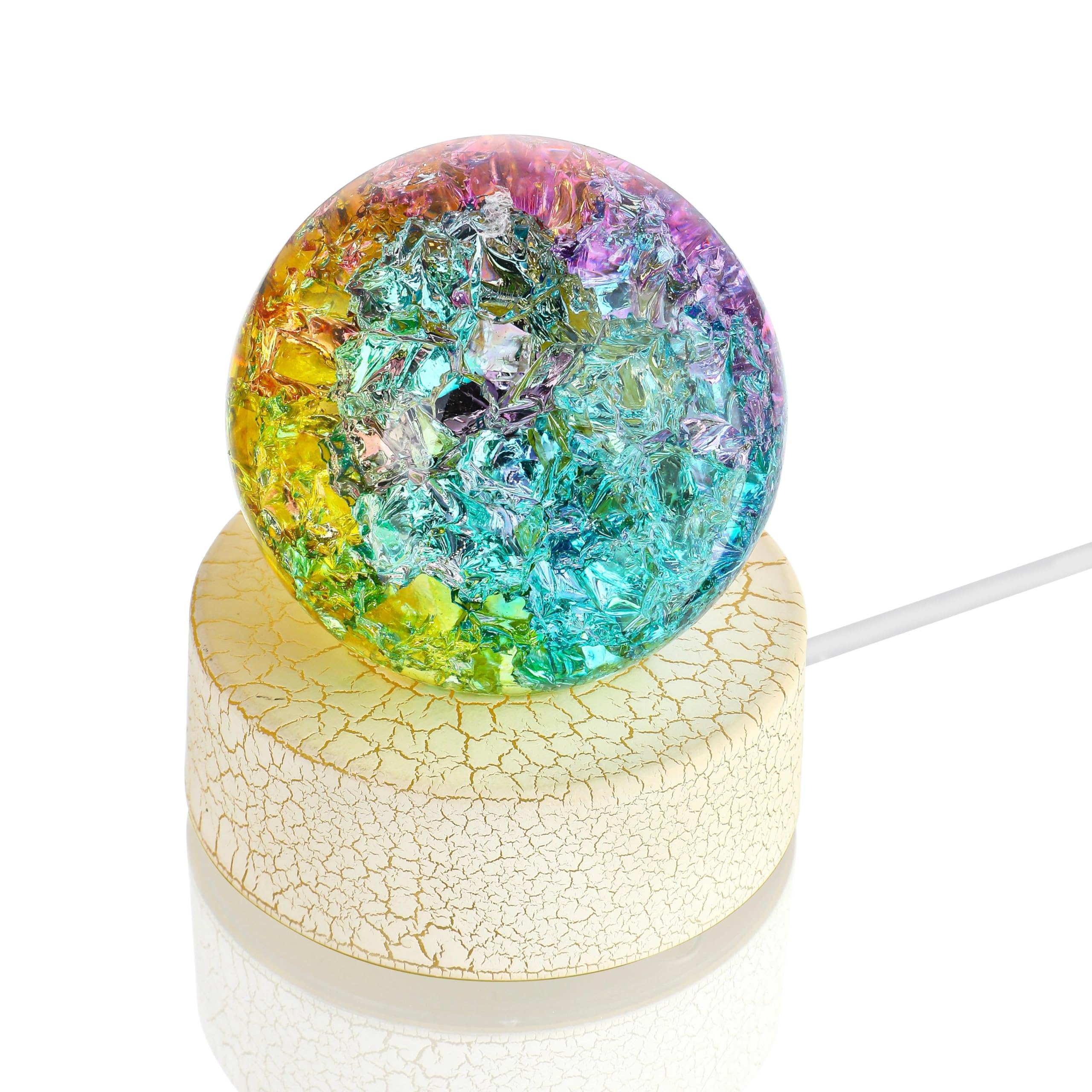 ZEERSHEE 2.3inch Colorful Ice Cracked Crystal Ball with Warm Light Base Glass Decorative Ball Paperweight Home Decor Fengshui Accessories Ornament