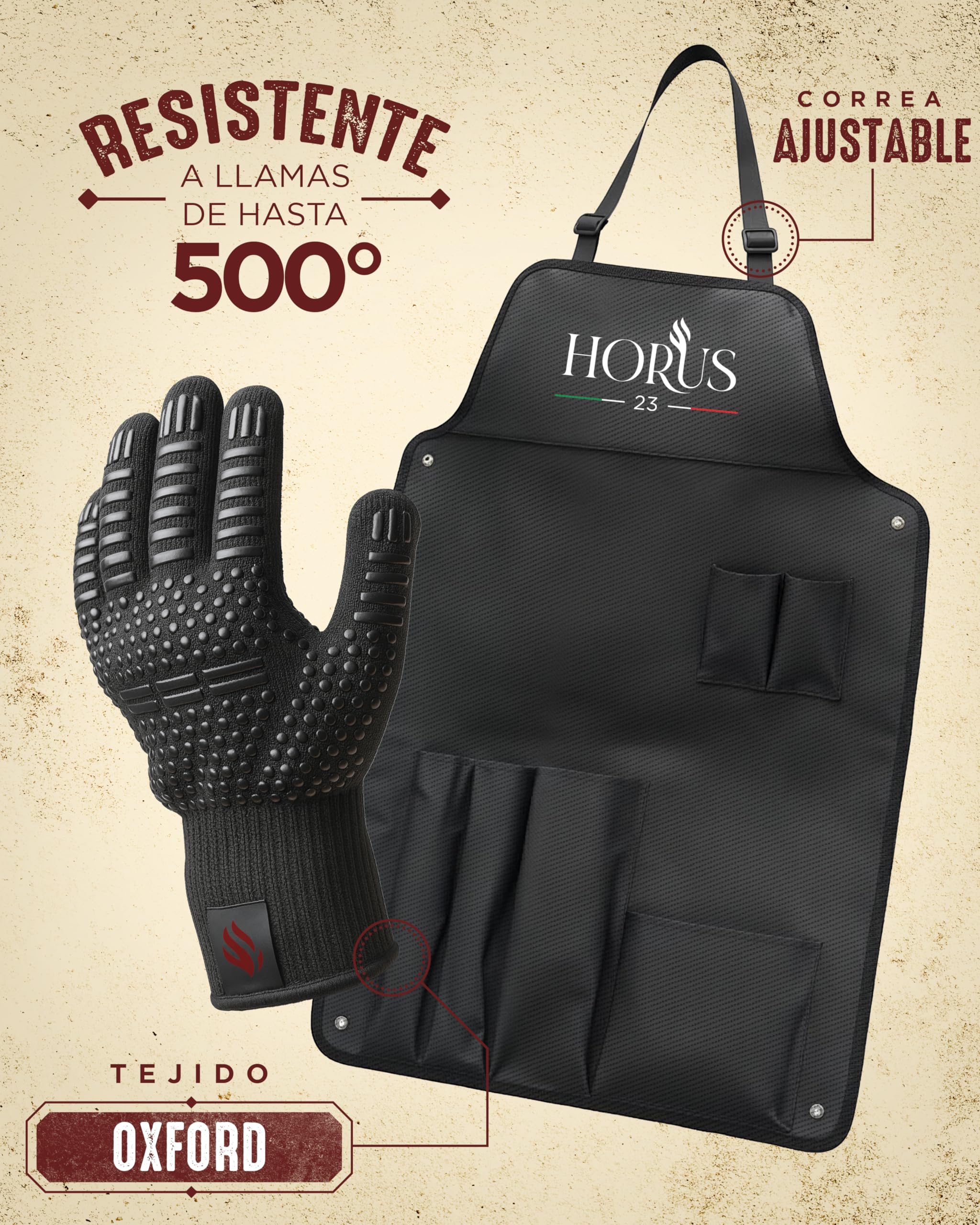 HORUS 23® - Kit Barbacoa con BBQ Accessories en Acero Inoxidable, Delantal Oxford con Bolsillos, Guante Ignífugo y Tapete para Parrilla