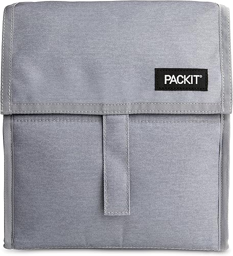 PackIt Lonchera congelable, niebla gris, fabricada con tecnología EcoFreeze, plegable, reutilizable, cierre de cremallera y velcro con asa de