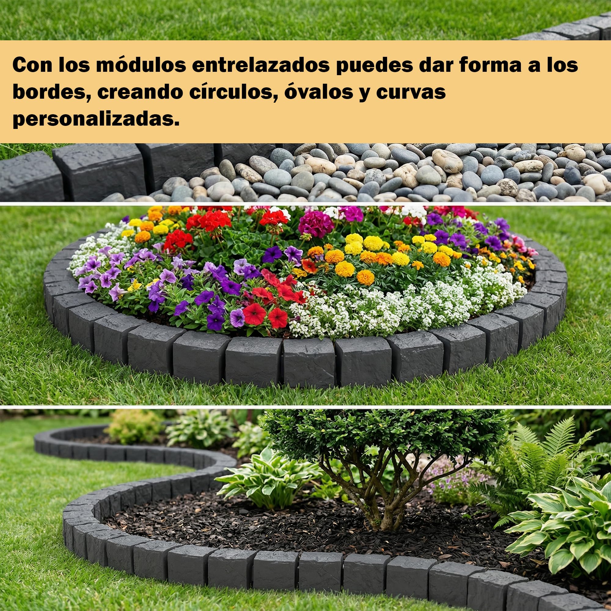 Borde para césped con aspecto de granito de 1,2 m Antracita, piedras de adoquines de plástico 10 x 10 x 10 cm – Delimitación de parterres, delimitación de jardineras, delimitación de parterres