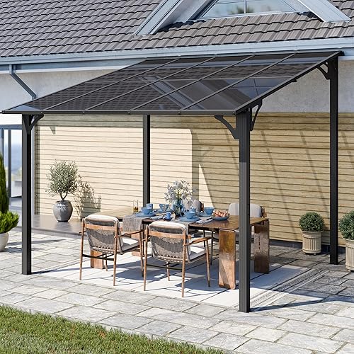 Shintenchi 10’x 10’ Gazebo,Metal Wall-Mounted Gazebo Pergola,Outdoor Patio Lean to Gazebo,Awnings with Sloped Roof,for Backyard,Porch,Deck