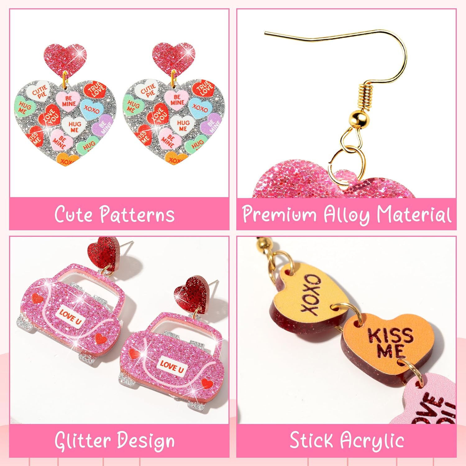 Y1tvei Valentine's Day Glitter Earrings - 12 Pairs Cute Conversation Candy Heart Dangle Drop Acrylic Sparkly Stud Earrings Love Heart Shaped Ear Decor Jewelry Accessory Gifts for Holiday Party Wedding - Image 3