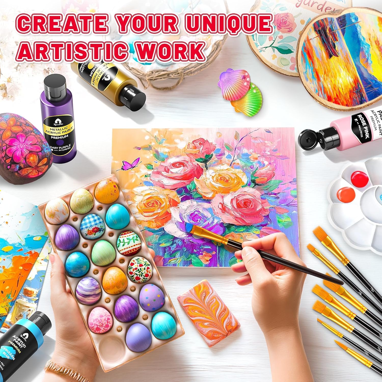 64 Pcs Classic & Metallic & Pastel Acrylic Paint Set with 12 Brushes, 2 Knives & Palette, 48 Colors (2oz/60ml) - for Adults, Kids, Artists & Beginners - Arts and Crafts Painting Kit