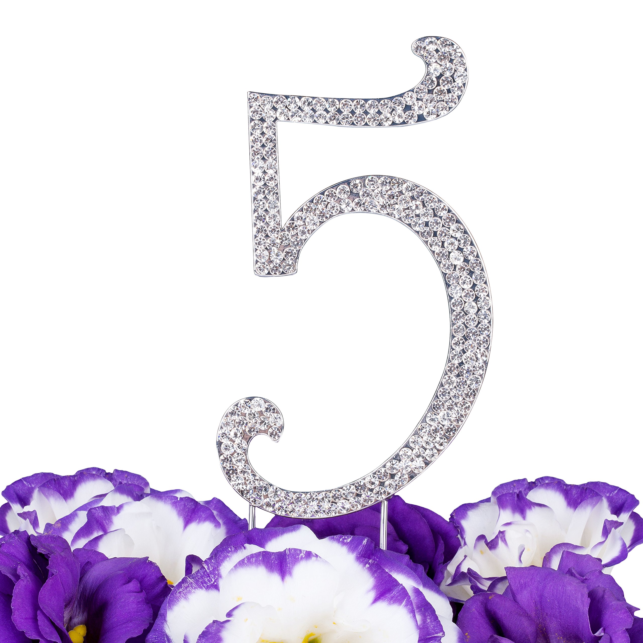 LOVENJOY Gift-Boxed Rhinestone Number 5 Cake Topper, Silver