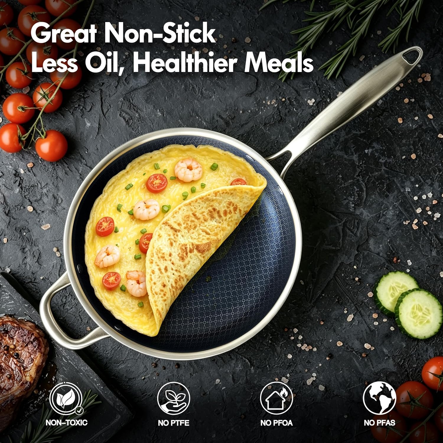 BRASA Nonstick Deep Frying pan with lid,10.24in/3QT,Stainless Steel Saute Pan,nonstick Cookware,Compatible Gas,Electric & Induction,Dishwasher safe PFOA Free 10.24inLong Handle