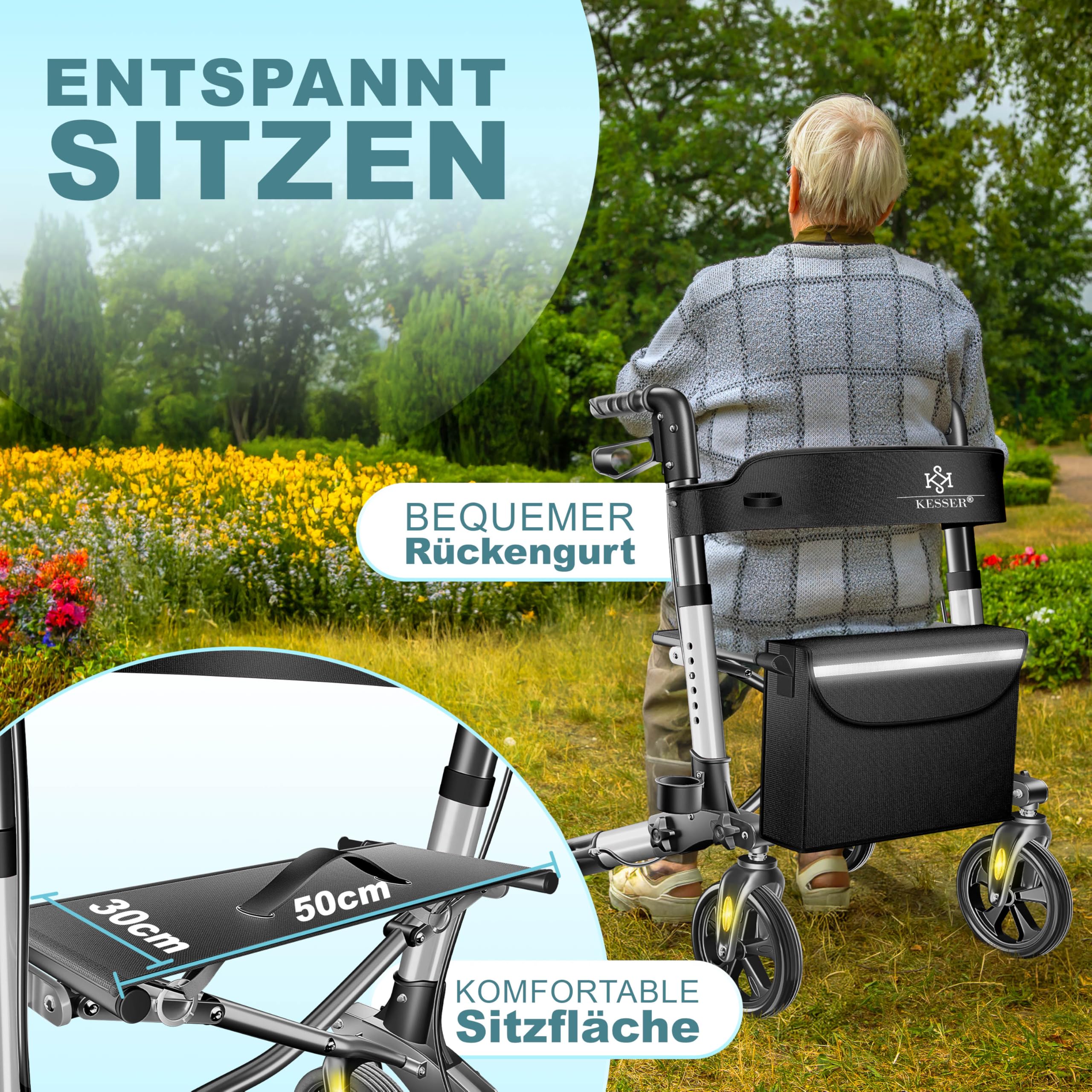 KESSER Leichtgewicht Rollator faltbar mit Sitz, Griff, Tasche, schmal für Senioren Wohnung, Klappbar, Höhenverstellbar, Reflektoren | All Gelände Reifen Indoor-& Outdoor, Gehhilfe, Laufhilfe, Schwarz