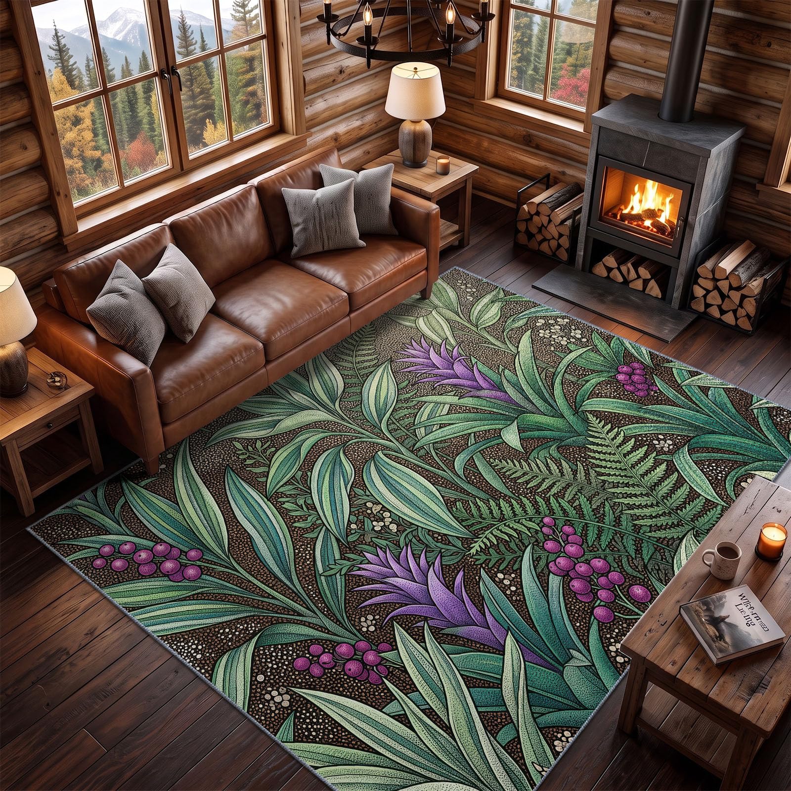 Tapis Poil Ras Salon Illustration Tropicale Doux Moquette Chambre 80 x 150 cm, Lavable Descente De Lit Vert pour Cuisine, Salle à Manger, Bureau Couloir-Tapis Forêt Tropicale Humide Fougères Plantes