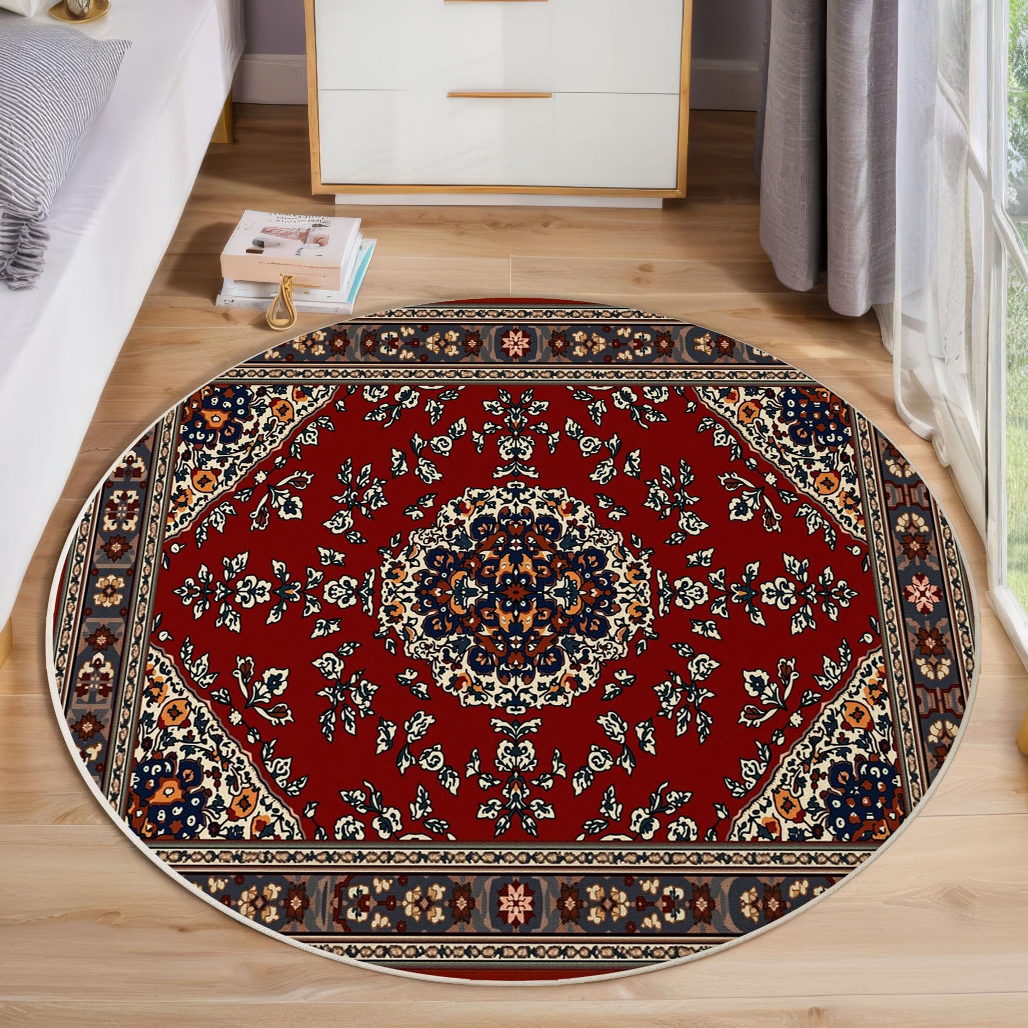 Tapis salon rond géométrique traditionnel floral bordeaux 100cm