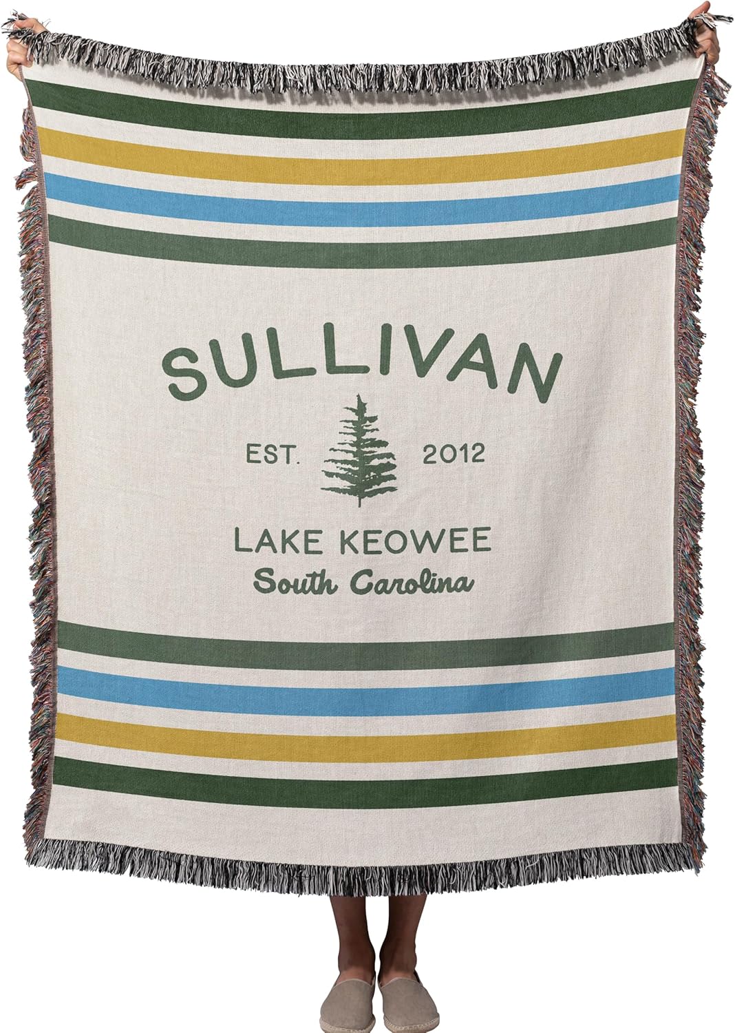 WESTBROOK DESIGN STUDIO Lake or Mountain House Woven 100% Cotton Throw Blanket. 50x60 Blue, Green Striped Camp-Themed Decor. Customizable. Makes a Great Outdoor Cabin-Themed Gift!