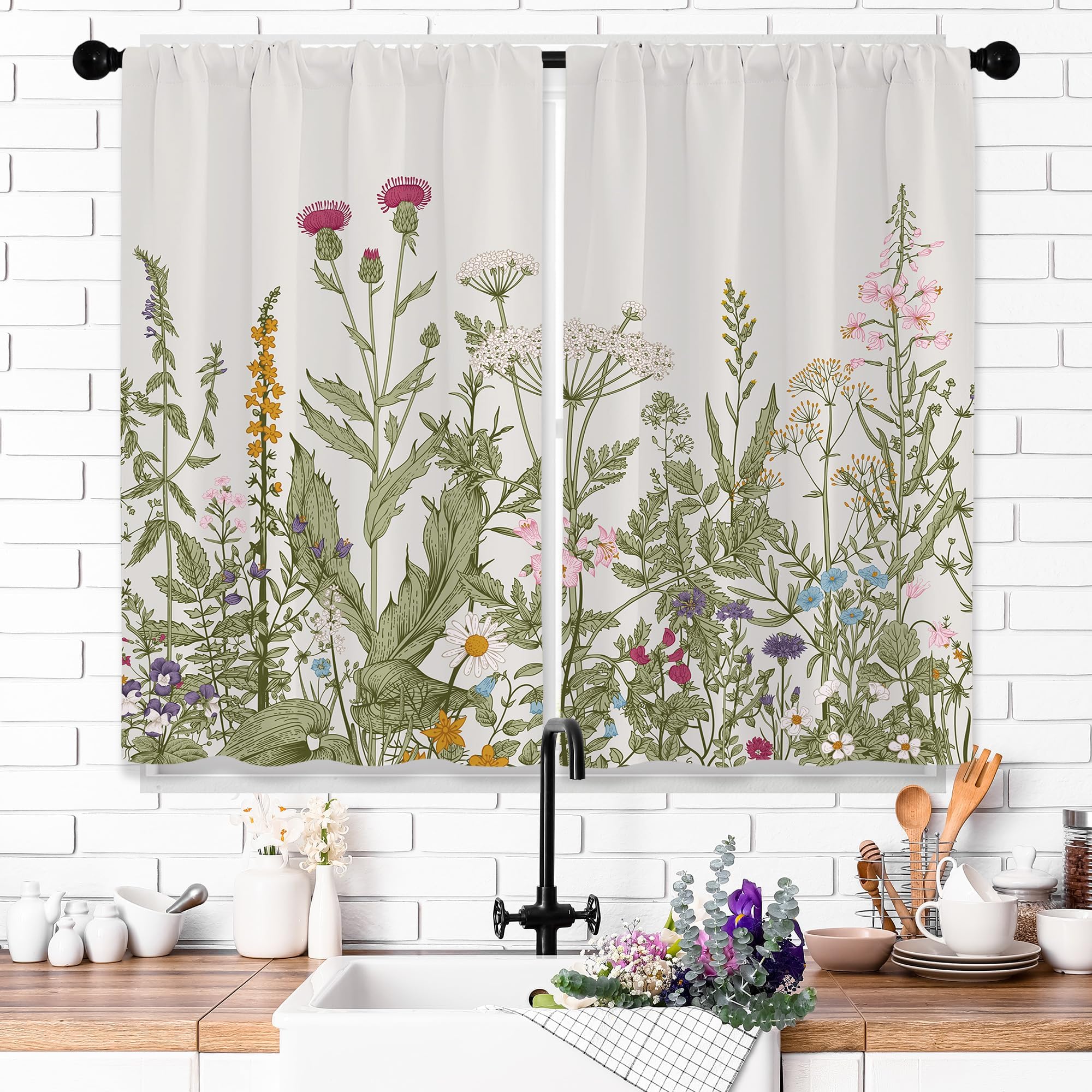 Green Floral Rustic Plant Kitchen Curtains Women Flower Botanical Leaf Bathroom Window Curtains Farmhouse Wildflower Tier Curtain Treatment Drapes Garden Herb Cafe Short Curtain 2 Panels 27.5x39 Inch