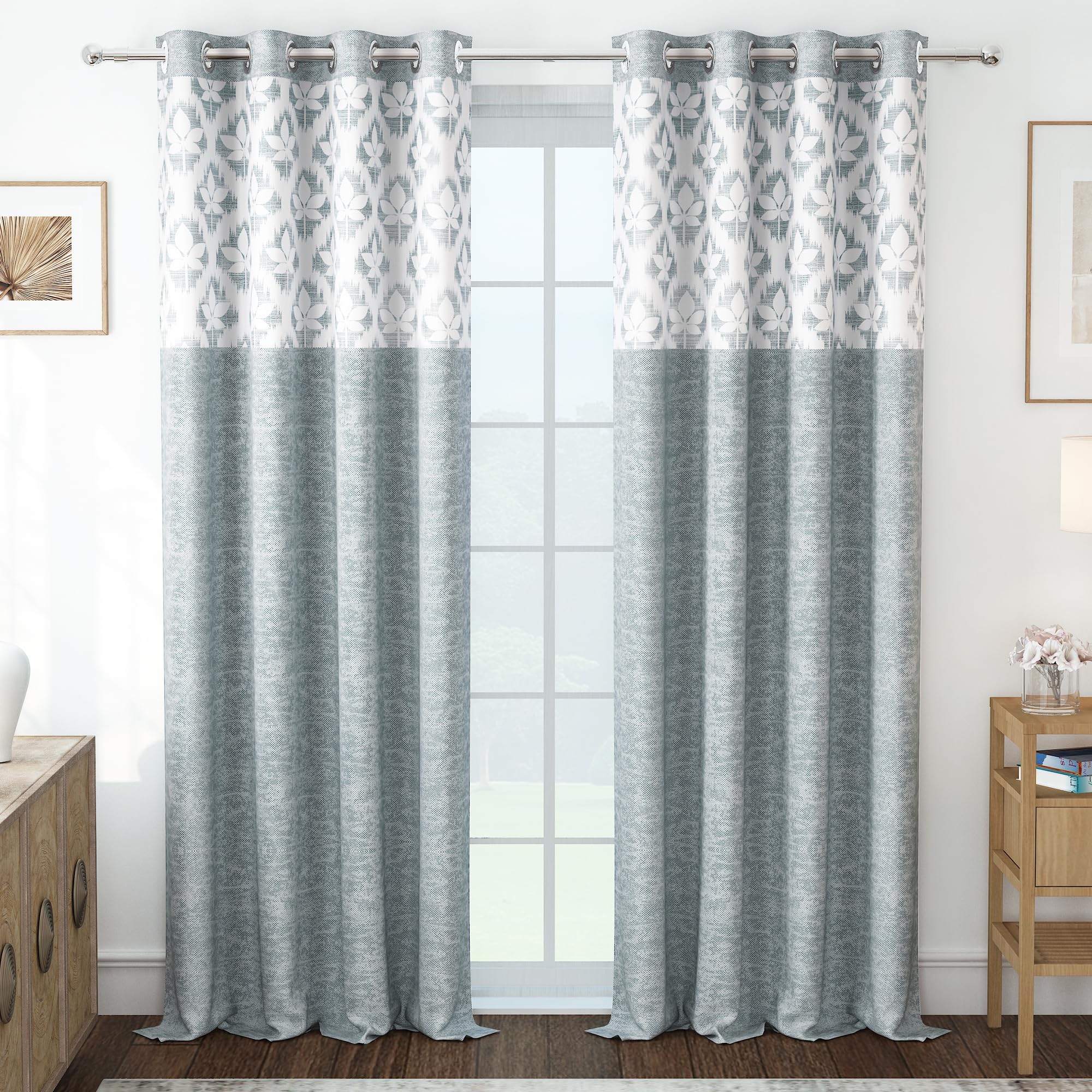 Story@Home Door Curtains 7 Feet Long Set of 2 | Floral Printed | Medium Room Darkening Curtain | Curtains for Living Room | (118 x 215 cm, Grey) | Perfect for Home Decor