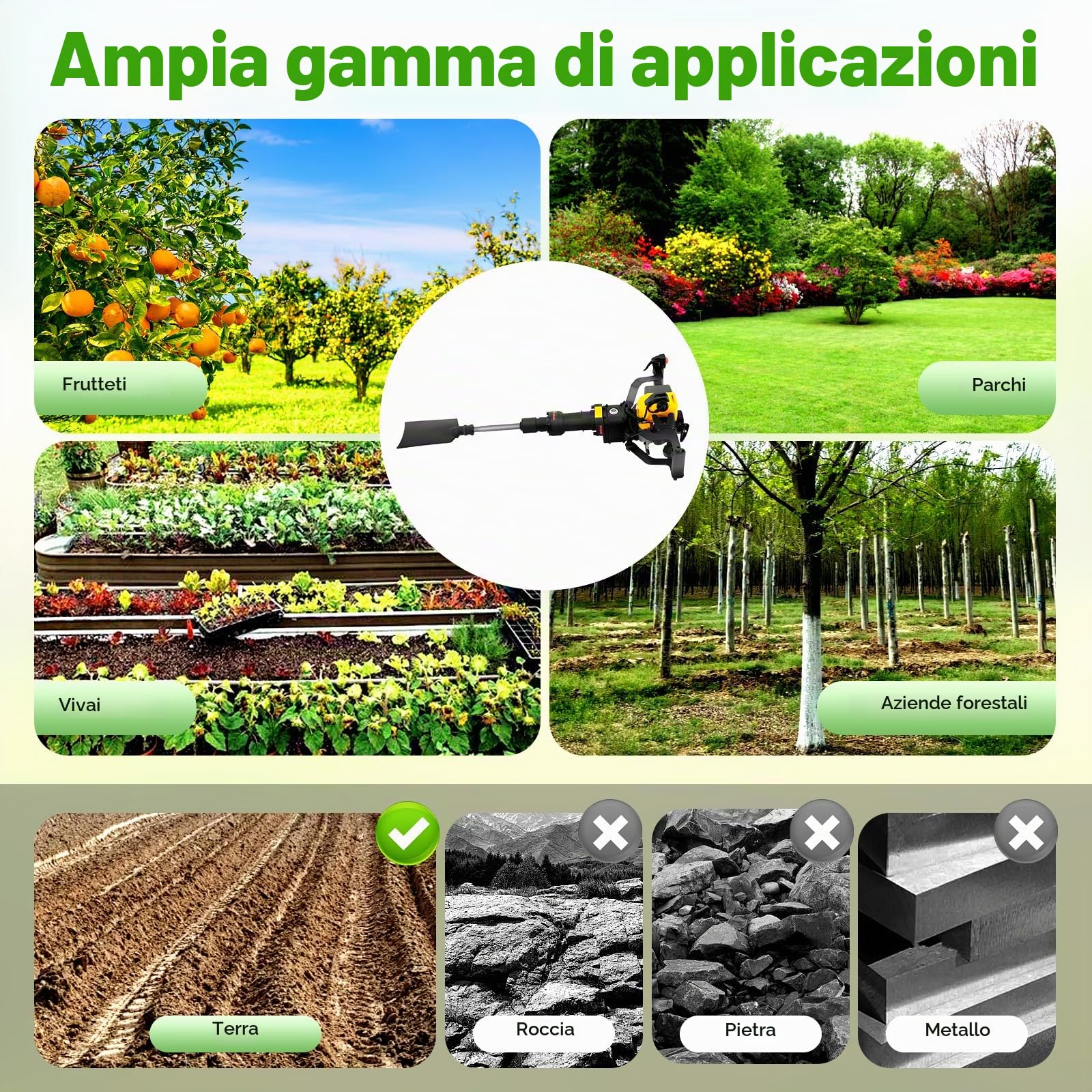 Escavatore da giardino multifunzionale a 2 tempi, 1250W Scavatore ad alberi portatile a benzina con avviamento manuale, 6500 giri/min, utilizzato per scavo e ghiaia in giardini, fattorie, ecc