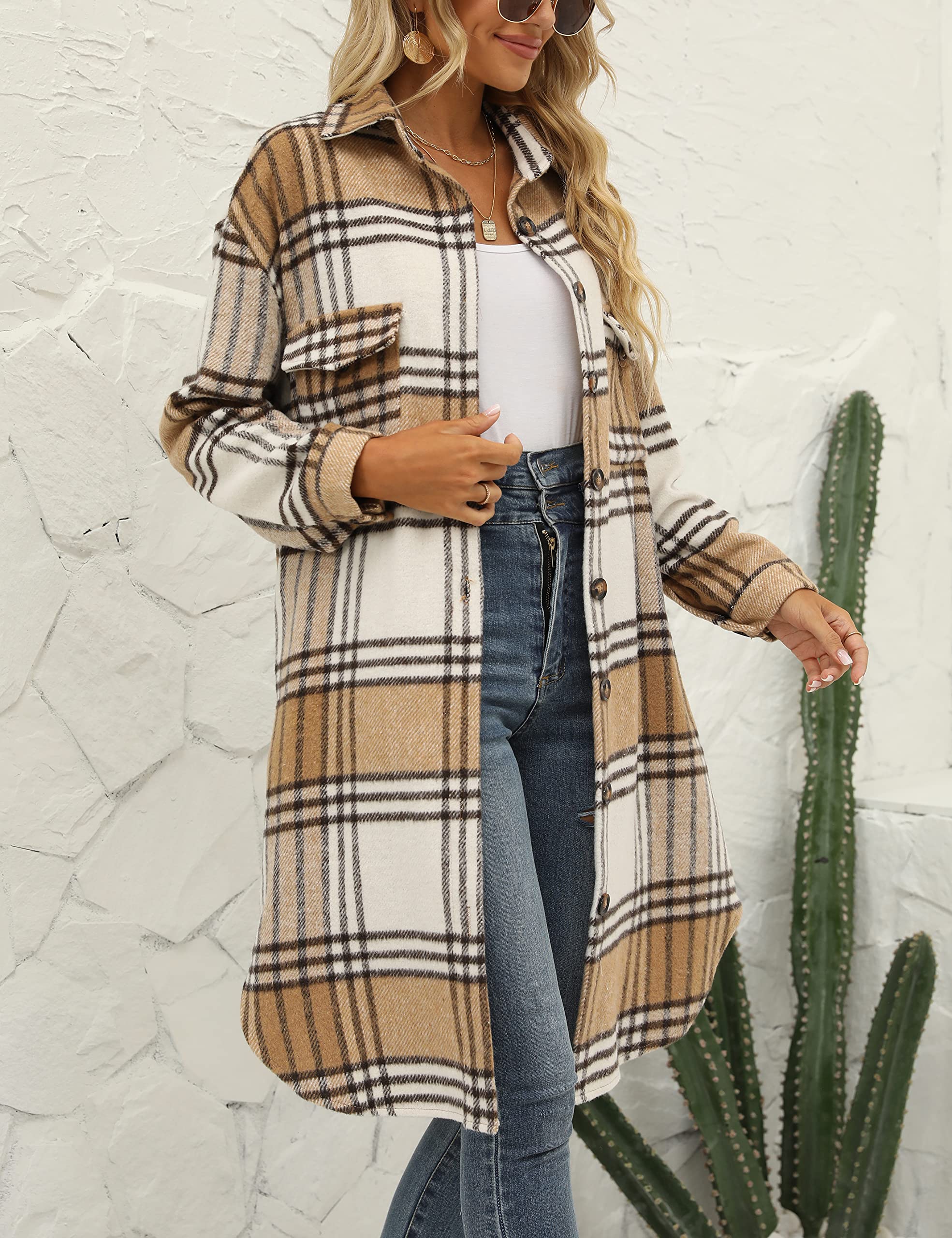 SeekMe Women's Long Plaid Shirt Jacket Shacket Lapel Button Down Woolen Blend Casual Tartan Over Shirt Trench Coat