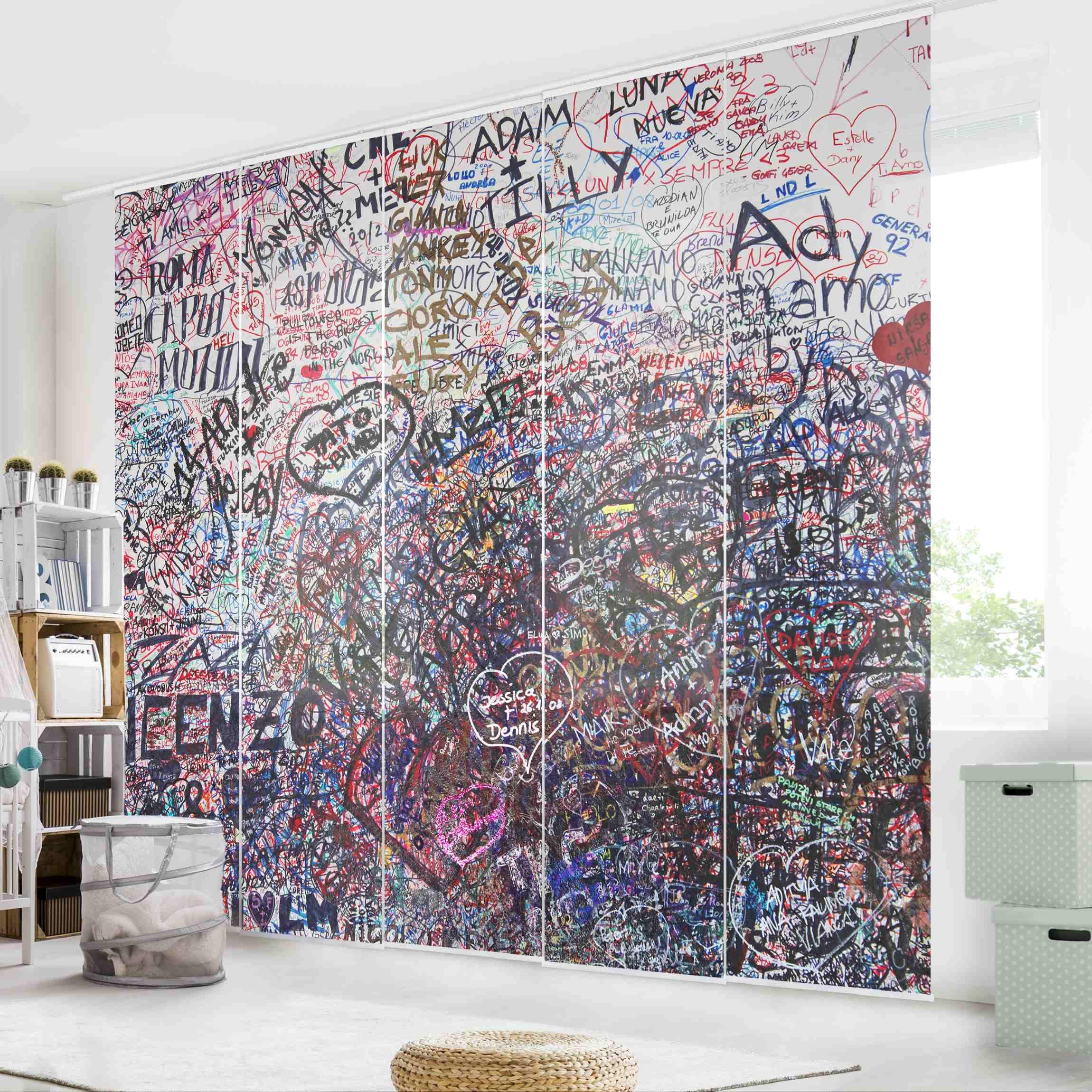 Schiebegardine halbtransparent 60er Paneel Klett Steinoptik Textil lichtdurchlässig - Worte Typo Flächenvorhang Wohnzimmer Schlafzimmer 1714 (300x250 cm - 5er Set)