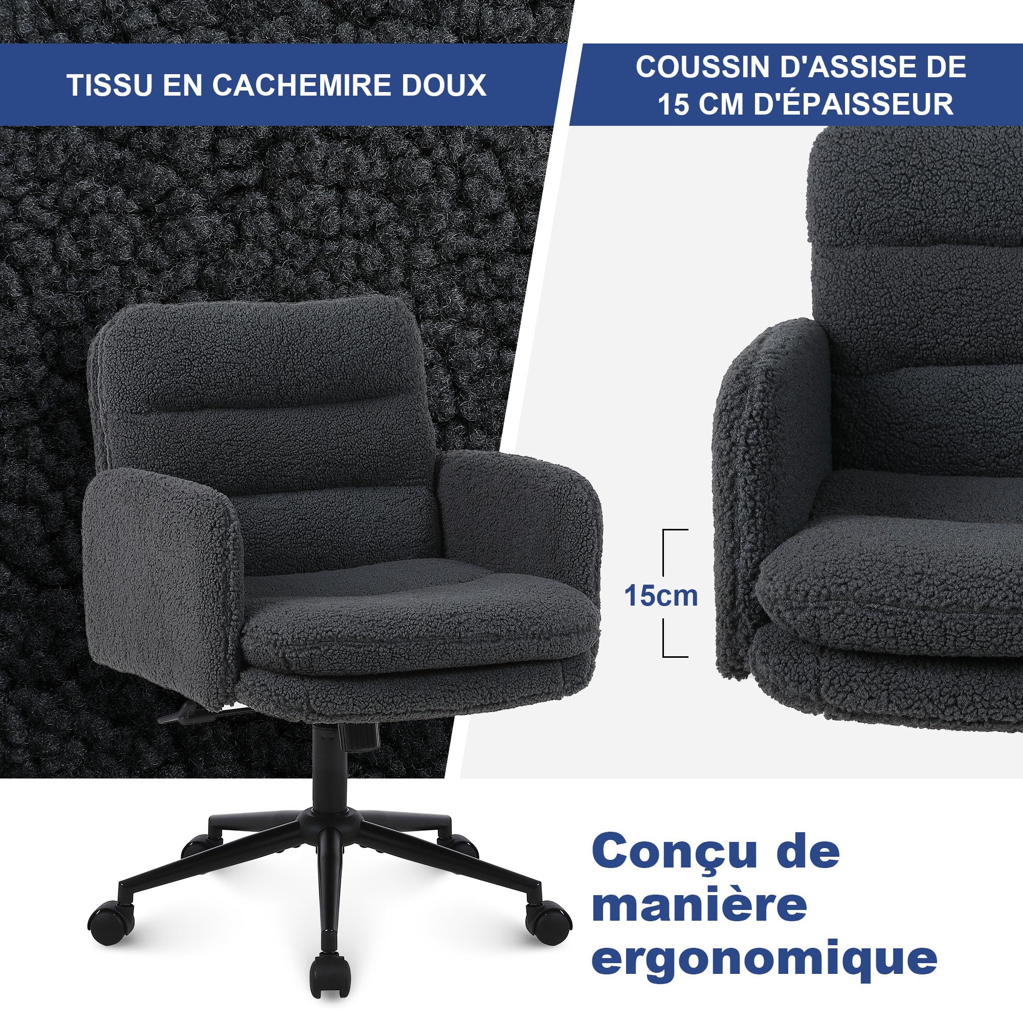 Youhauchair Chaise de Bureau, Imitation Cachemire, Chaise de Maquillage Confortable avec Hauteur réglable, Chaise Ergonomique de Bureau pour la Maison et la Chambre, Gris foncé