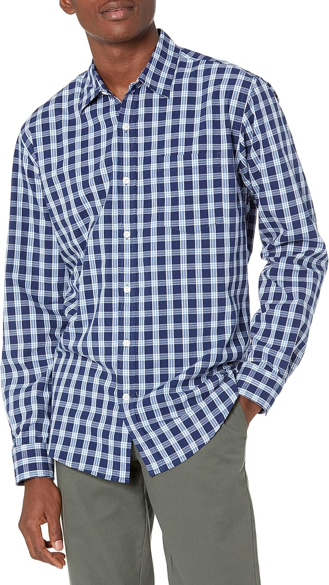 Amazon Essentials Camisa informal de popelina de manga larga y ajuste regular para hombre, con botones en la parte delantera, informal de negocios, con cuello