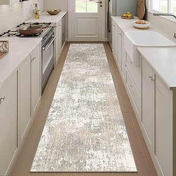 Machine Washable Runner Rug 2x8 Beige Gray Neutral Hallway Indoor Accent Modern Abstract Kitchen Low Pile Carpet Non Slip Distressed Throw Area Rug Living Room Bedroom Office Dining Room