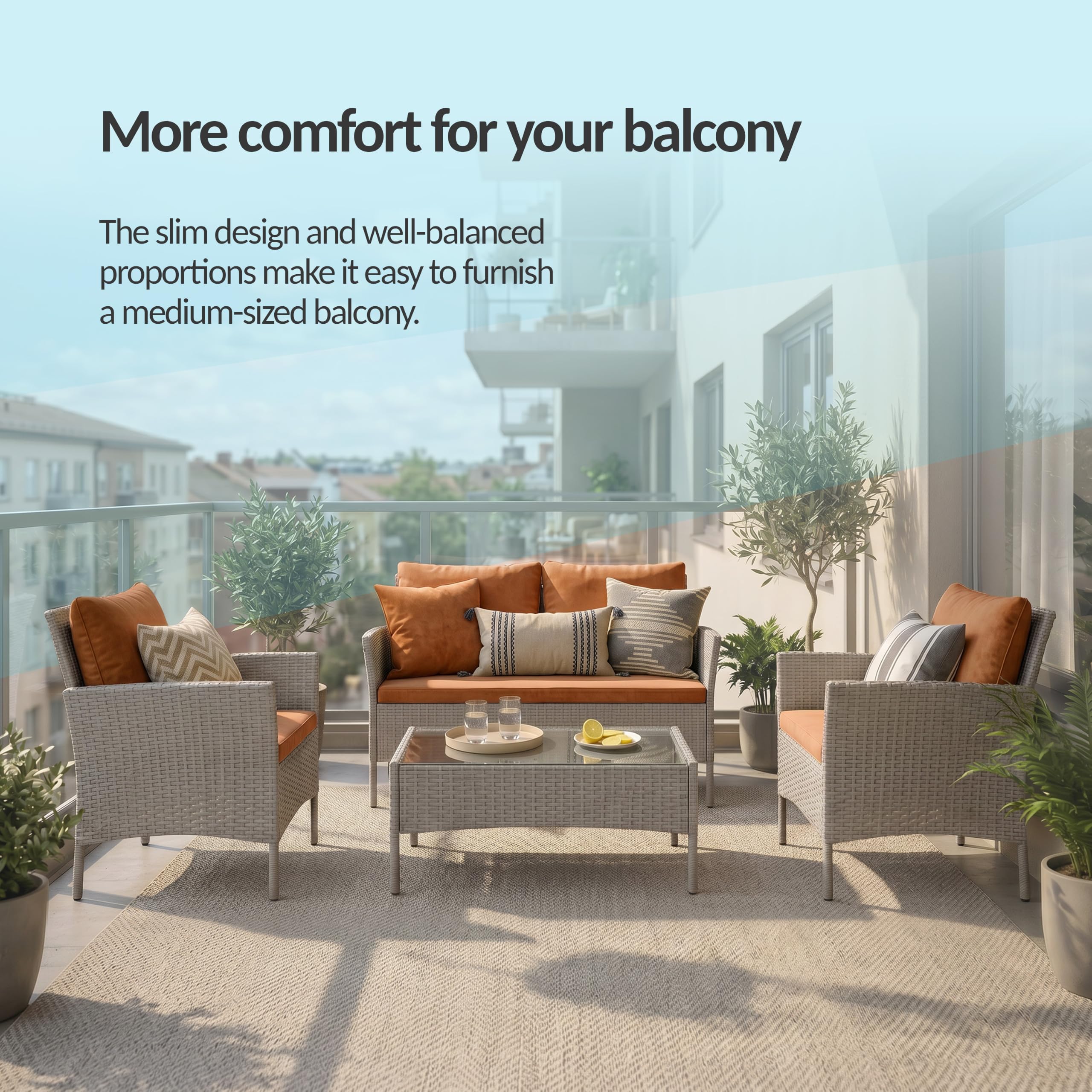 POKAR Set Giardino Rattan Grigio con Cuscini Seduta Grigio | Set 4 Pezzi, Divano 101x54x85, 2x Poltrona 58x54x85, Tavolino 68x42x38 cm, Resina Intrecciata, Metallo | Terrazzo e Patio